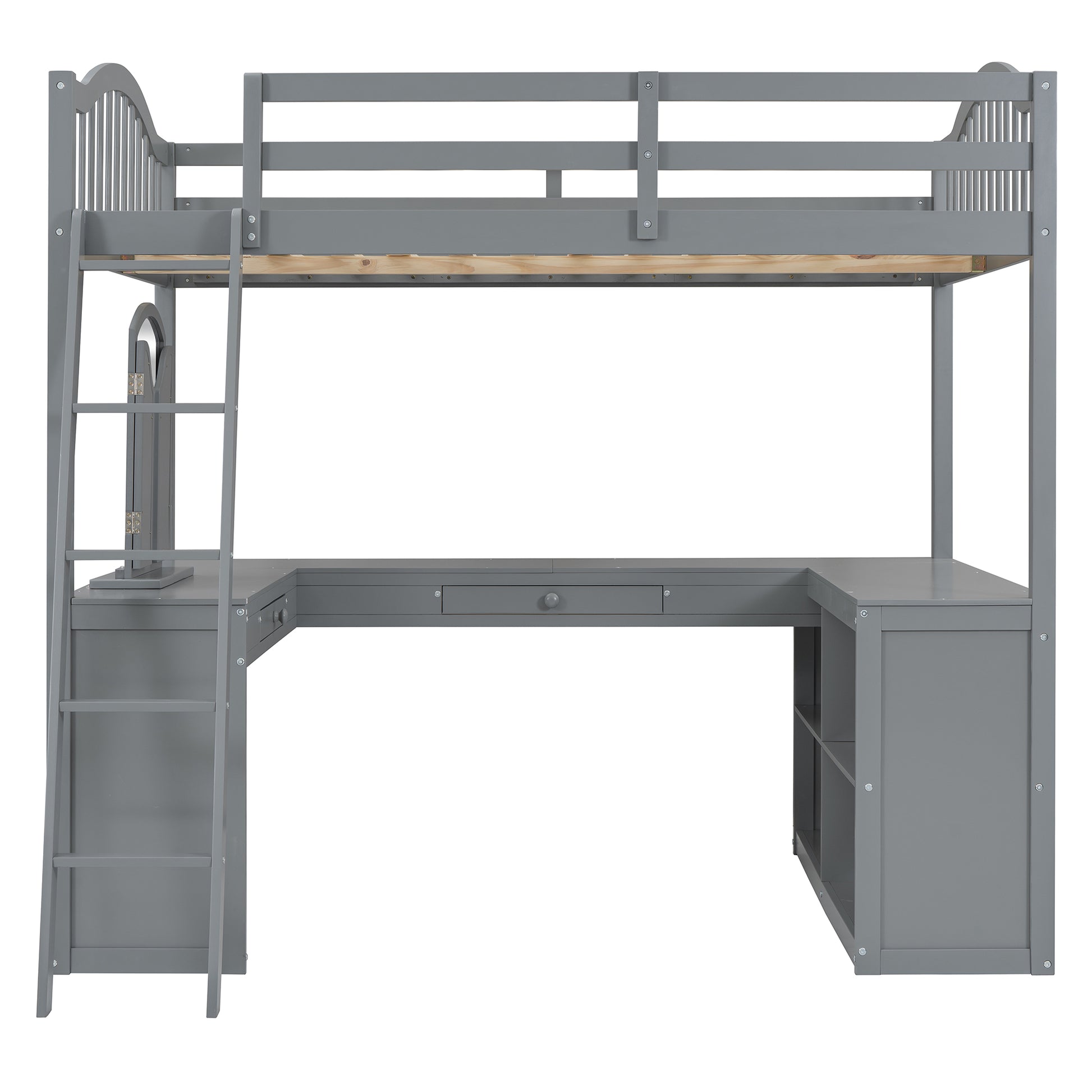 Full Wooden Loft Bed With U Shaped Desk,Storage Compartments And Tri Fold Mirror, Gray Gray Plywood,Solid Wood Mdf