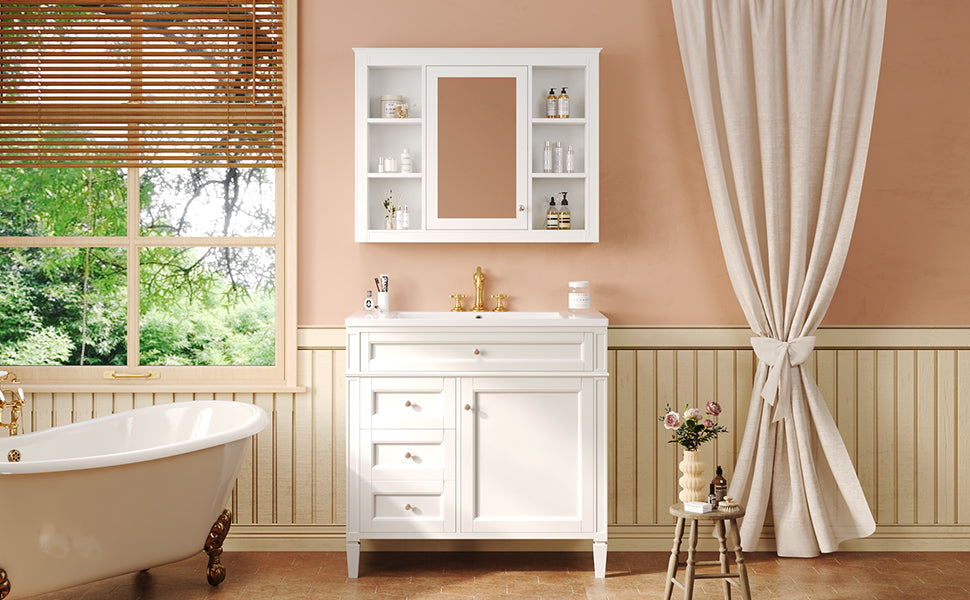 36'' Bathroom Vanity With Medicine Cabinet, Modern Bathroom Storage Cabinet With 2 Soft Closing Doors And 4 Drawers, Single Sink Bathroom Vanity White Bathroom Ceramic,Solid Wood Mdf