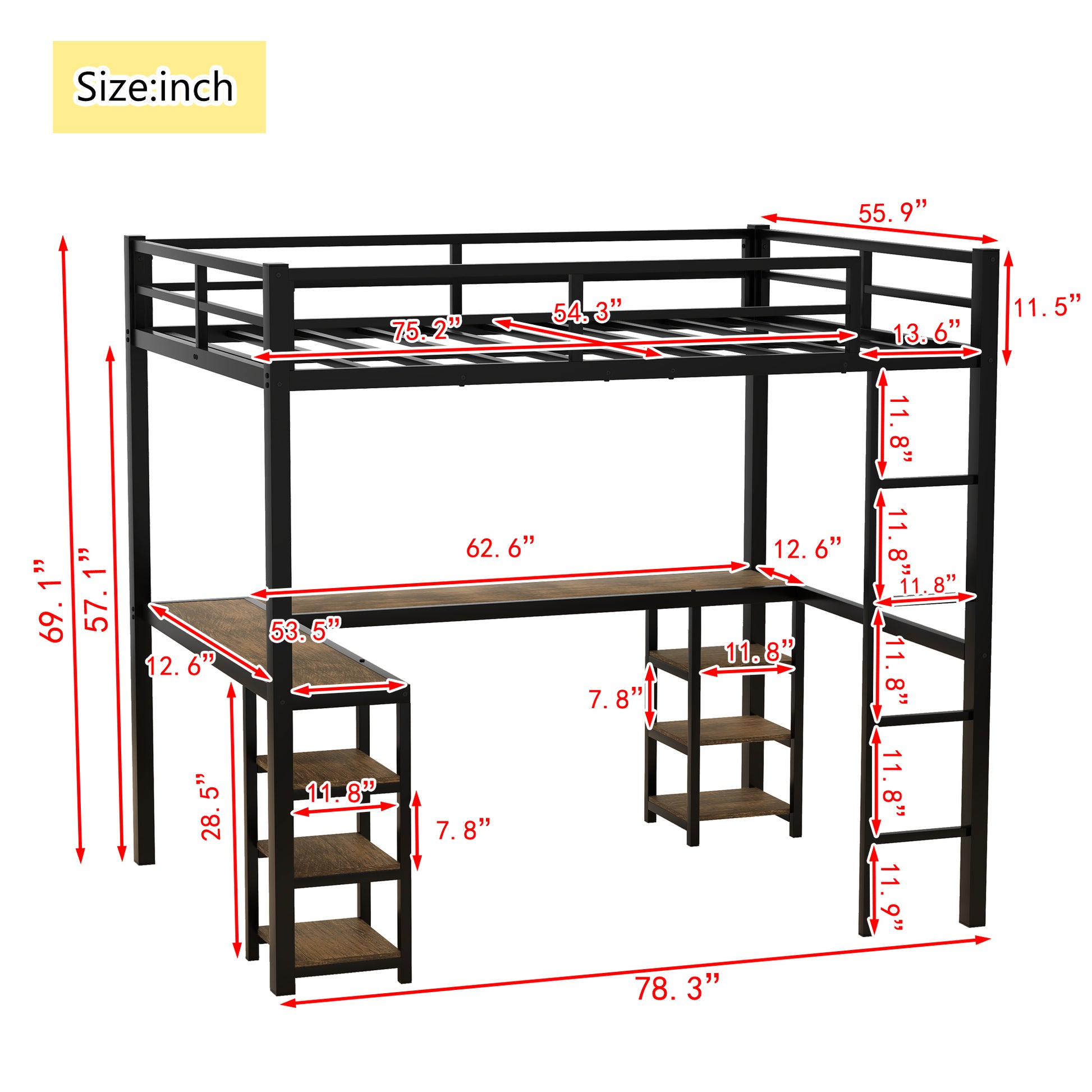 Full Metal Loft Bed With Desk And Shelves, Loft Bed With Ladder And Guardrails, Loft Bed Frame For Bedroom, Black With Vintage Wood Colored Desk Full Black Metal