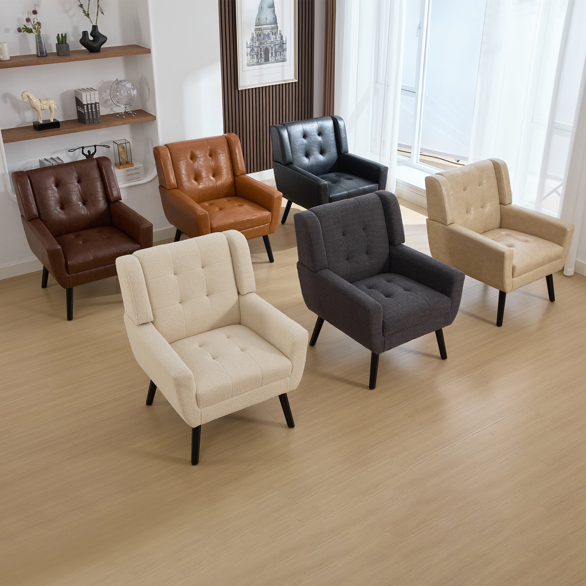 Modern Soft Leather Material Ergonomics Accent Chair Living Room Chair Bedroom Chair Home Chair With Black Legs For Indoor Home Light Brown Pu Light Brown Foam Upholstered