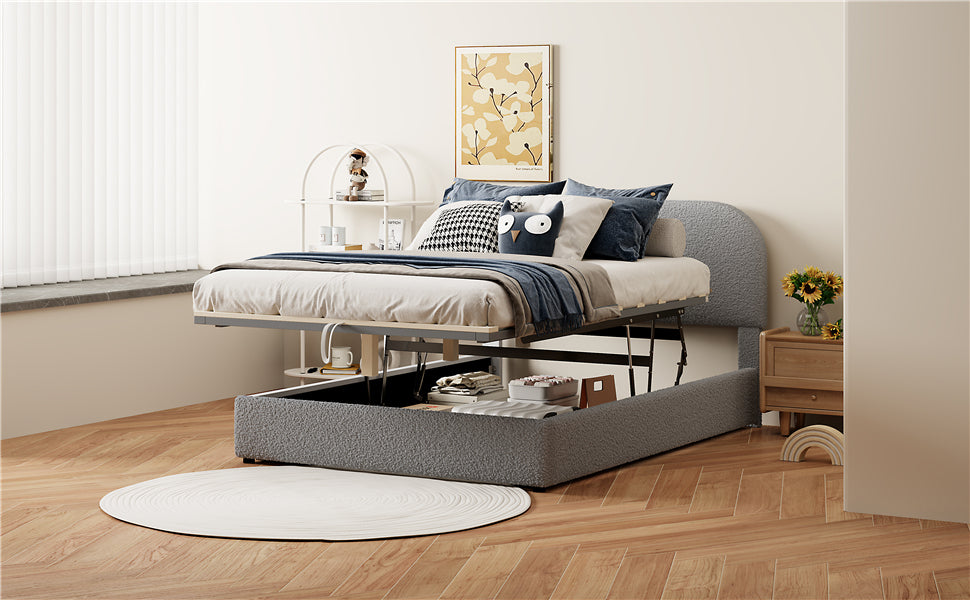 Teddy Fleece Full Size Upholstered Platform Bed With Hydraulic Storage System, Gray Full Gray Teddy