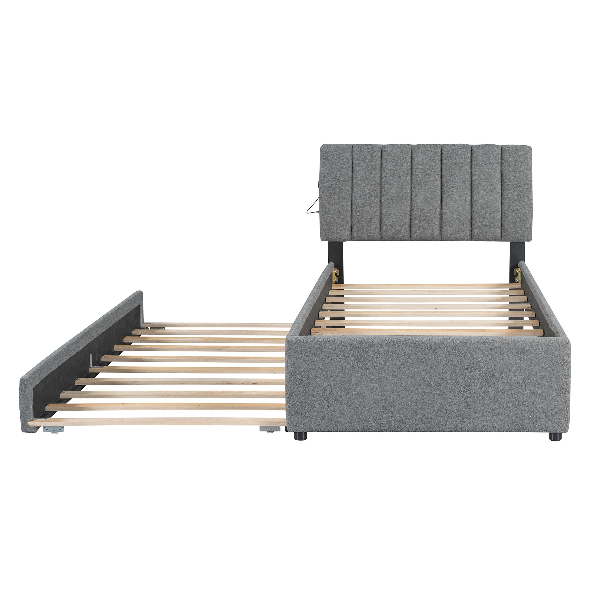 Teddy Fleece Twin Size Upholstered Platform Bed With Trundle, Gray Twin Gray Fleece