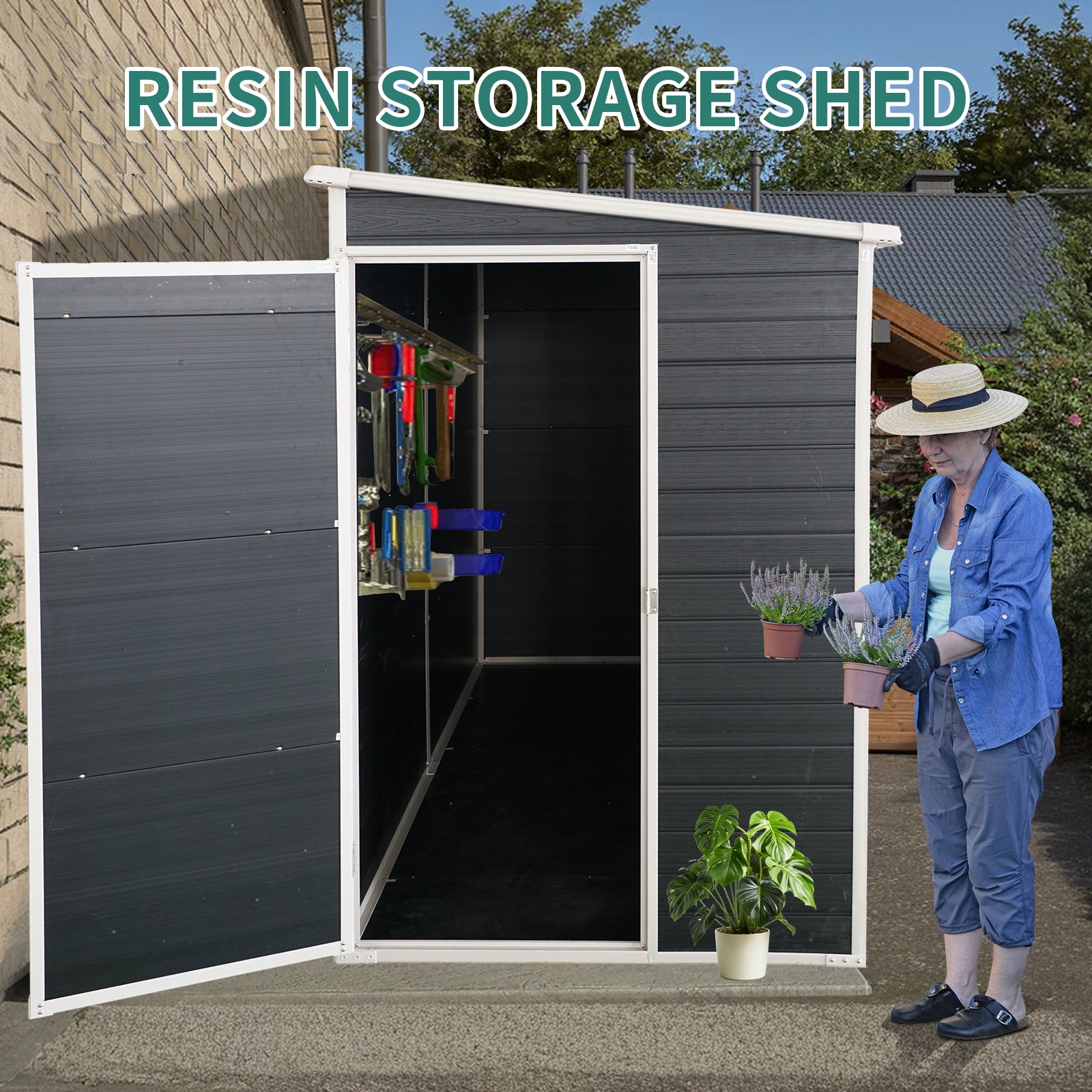 8X4Ft Outdoor Resin Garden Shed With Floor And 2 Windows, Plastic Patio Outdoor Storage Shed With Lockable Door For Garden Tools, Bicycles, Trash Cans, Dark Grey Dark Gray Garden & Outdoor Plastic