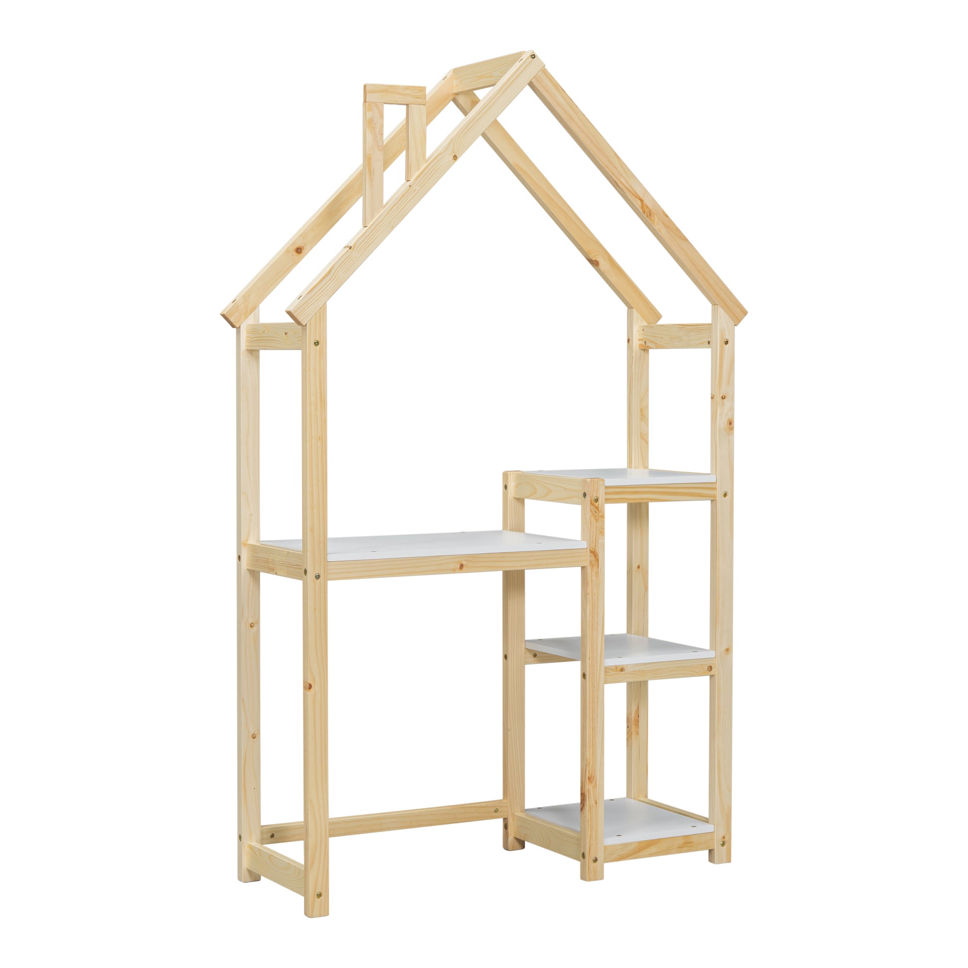 House Shaped Wooden Writing Desk,Kids Study Table,Bookshelf & Toy Storage,Natural Twin Natural American Design Pine