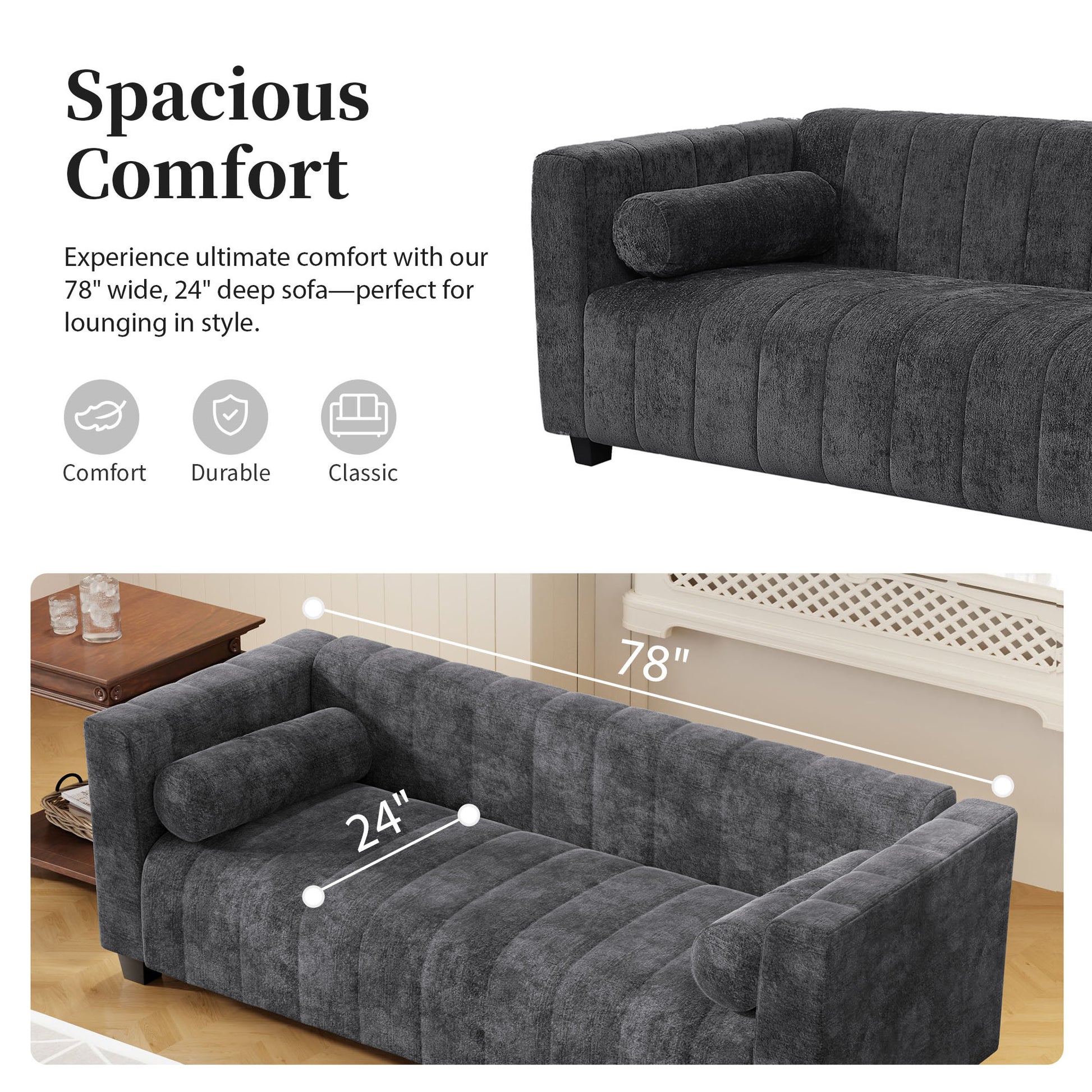 78.7''Upholstered Sofa For Living Room, Bedroom, Salon, Simplified Style Dark Gray Polyester 3 Seat