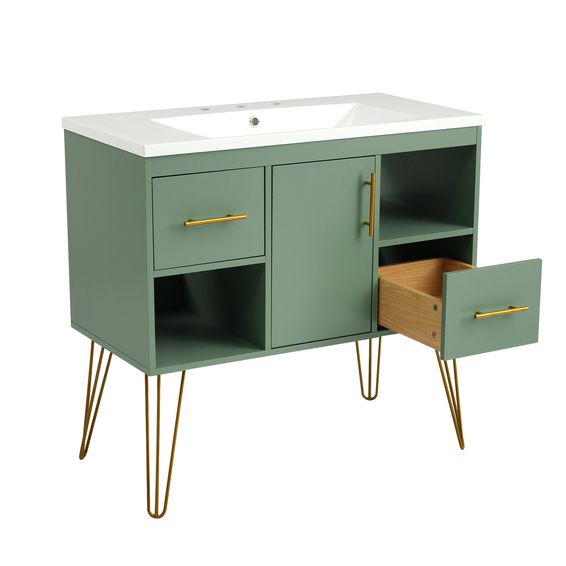 36'' Bathroom Vanity With Resin Sink Combo Set, Modern Freestanding Single Bathroom Cabinet With 2 Drawers & 2 Storage Compartments, Storage Cabinet For Bathroom, Solid Wood Frame Vanity Set, Green Green Bathroom Modern Mdf