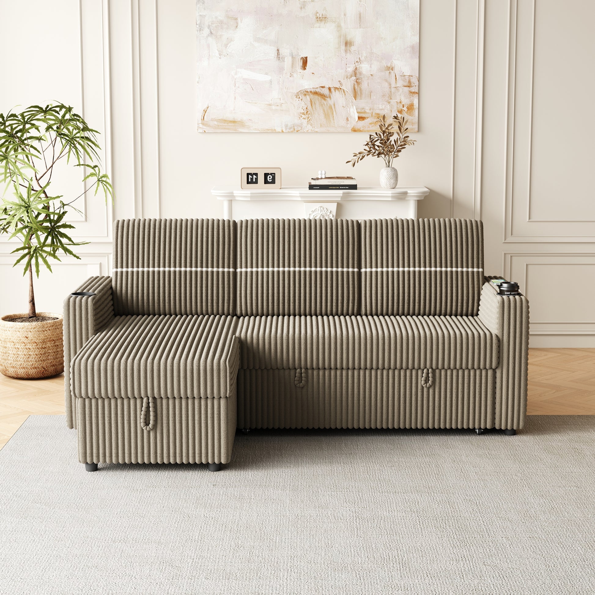 85 Inches Corduroy Sofa Bed, 3 Seater Sleeper Sofa With Storage Chaise, Square Handrail With Two Cup Holder And Usb Charge Port, Pull Out Couch For Living Room Brown Corduroy 3 Seat