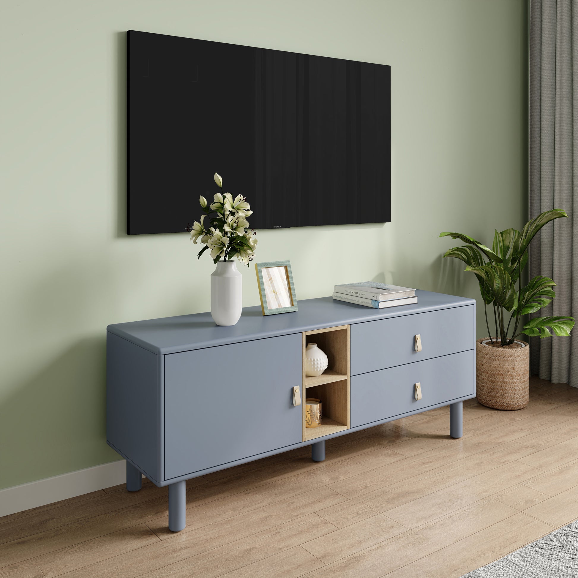 Drawer Tv Cabinet With Door, Storage Cabinet, Drawer Cabinet, Multi Functional Tv Cabinet Modern Tv Cabinet Wooden Storage Cabinet Leather Handle Drawer Cabinet Home Storage Cabinet Blue Solid Wood Mdf