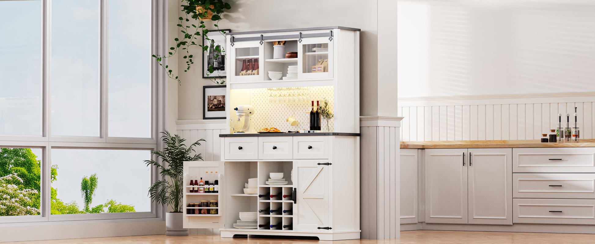 K&K 71" Farmhosue Pantry Bar Cabinet With Internal Storage Rack,Kitchen Cabinet With Hutch,Sliding Door,Power Outlet,Pegboard,Wine & Glasses Rack,3 Drawers,Rustic Coffee Bar Storage Cabinet,White Oak White Oak White Kitchen American Design,American