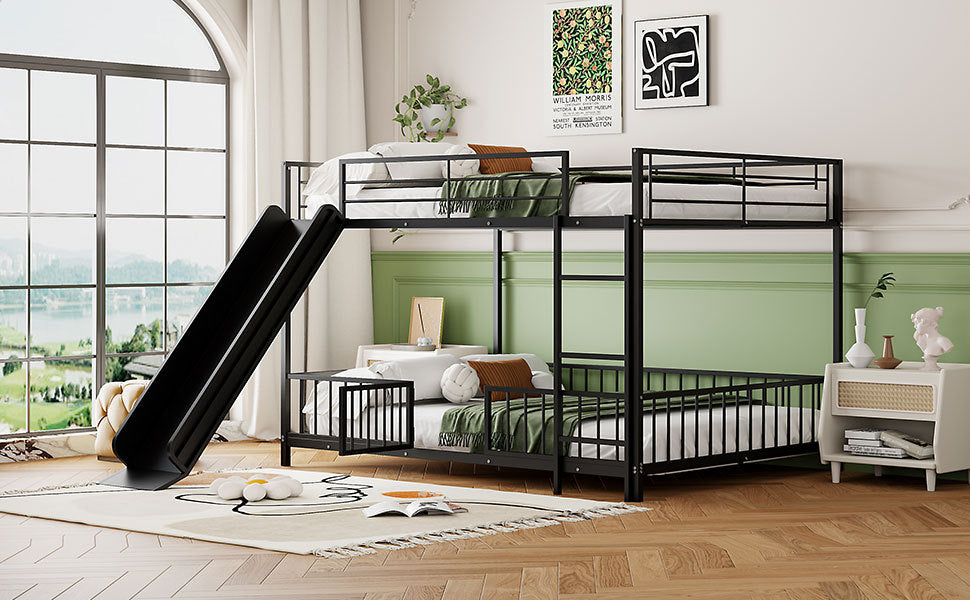 Full Over Full Size Metal Bunk Bed With Slide And Guardrails, Black Full Black Metal