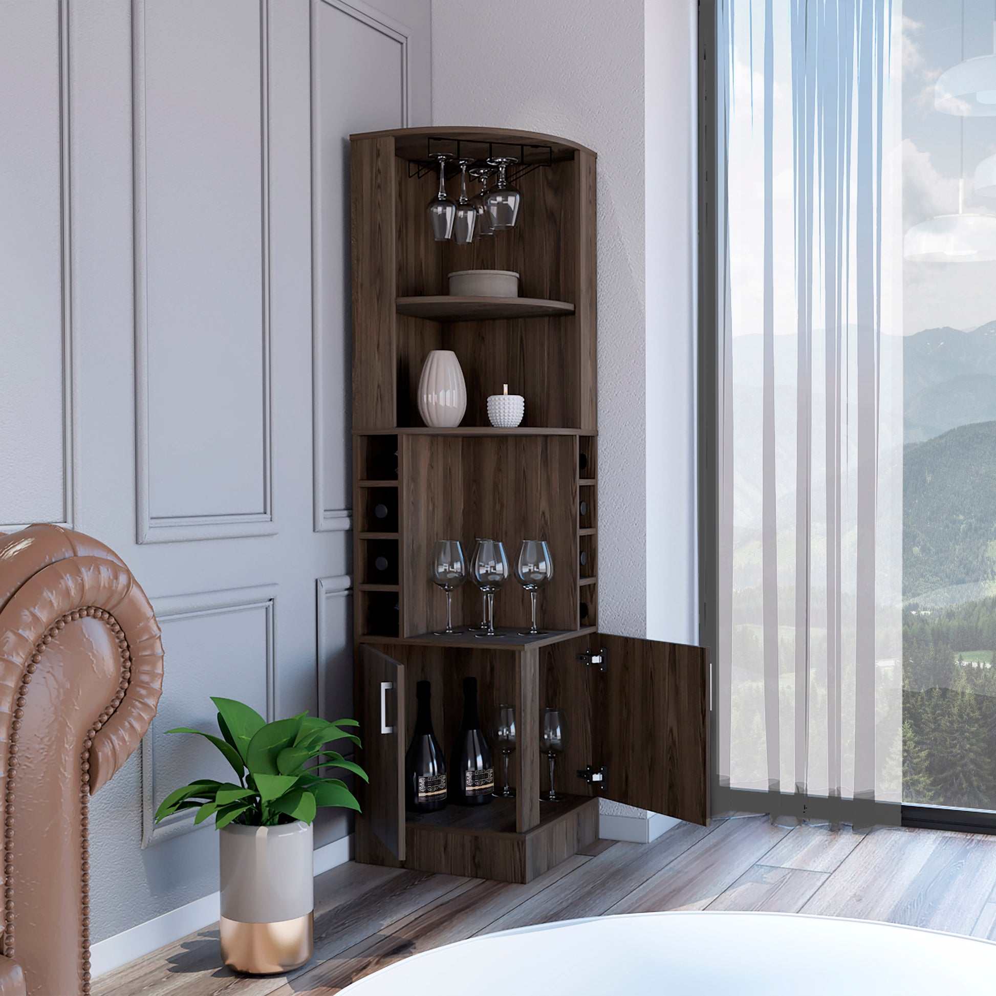 Corner Bar Cabinet, Two External Shelves, Dark Walnut Brown Solid Wood Mdf Engineered Wood