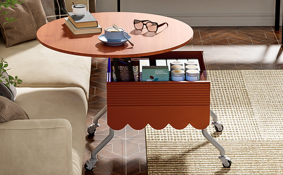 Round Lift Top Coffee Table With Wheels, Metal Frame And Multi Color Lighting In 27.6" Mahogany Glass,Mdf Metal