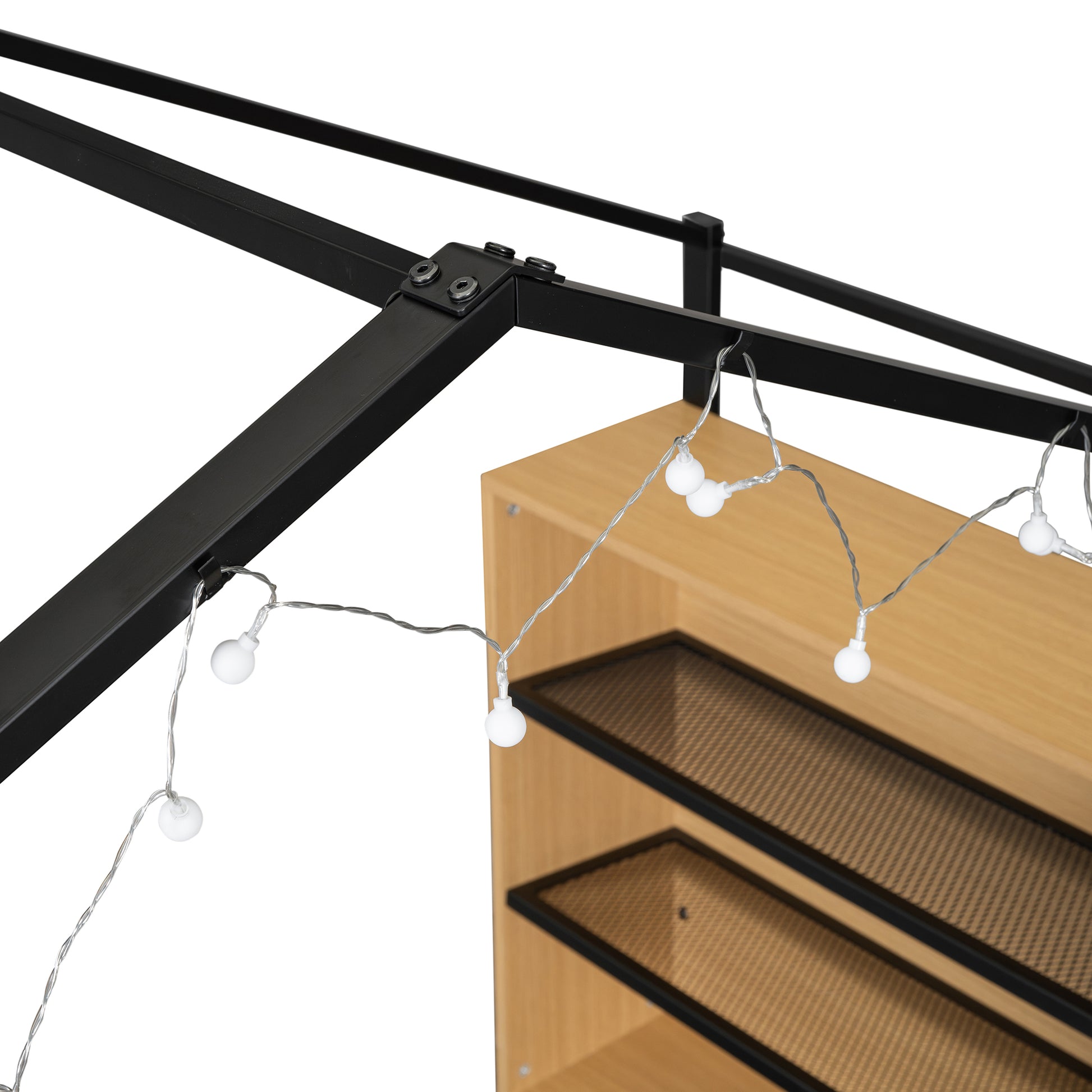 Twin Size Metal Bed House Bed Frame With Shelves And Lights, Black Twin Black Metal & Wood