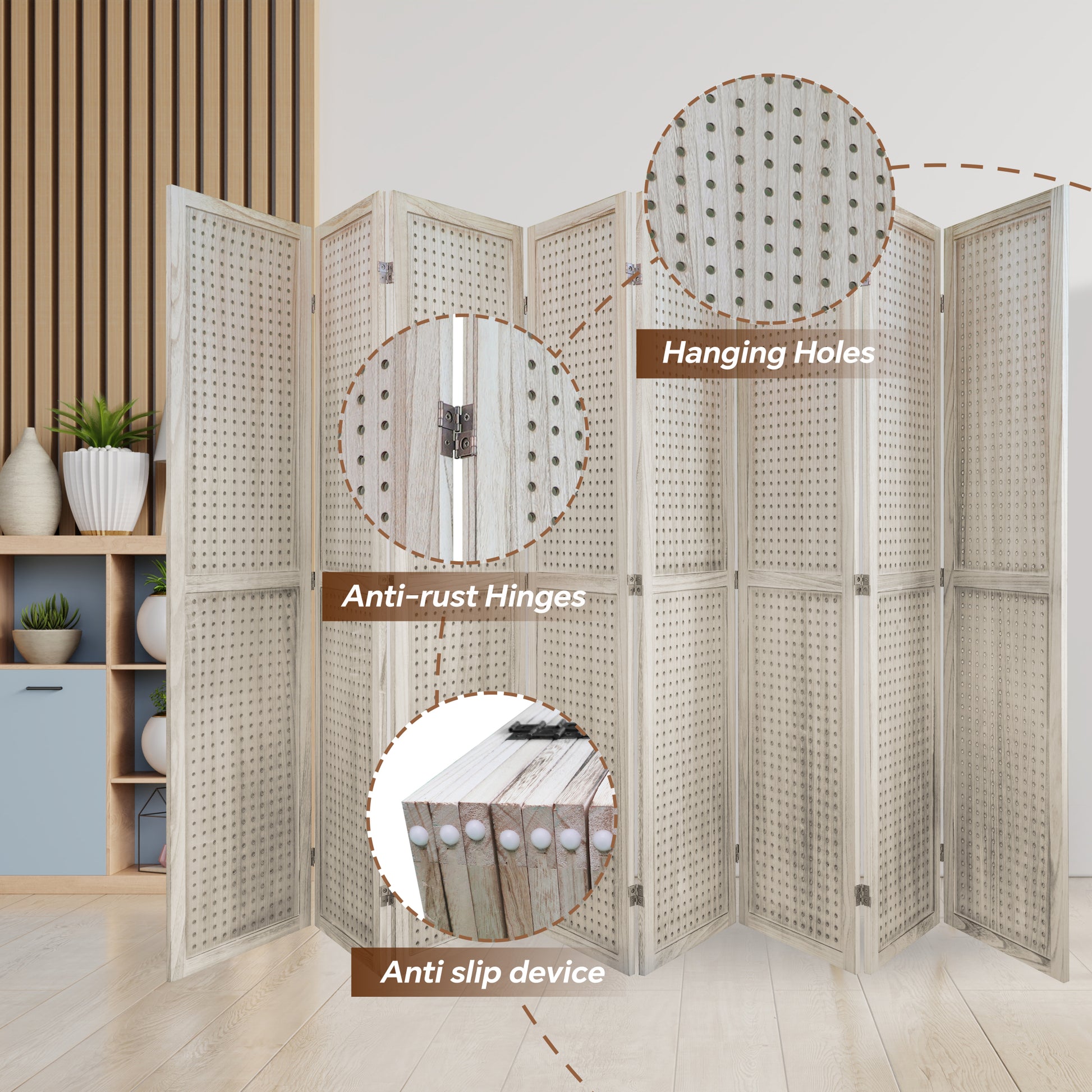 8 Panel Room Divider, 5.6Ft Pegboard Display Wooden Room Divider Folding Privacy Screen Room Divider Freestanding Peg Board Display For Trade Show Craft Show Home Wall Organizer, Natural Wood Natural Wood Rustic Wood