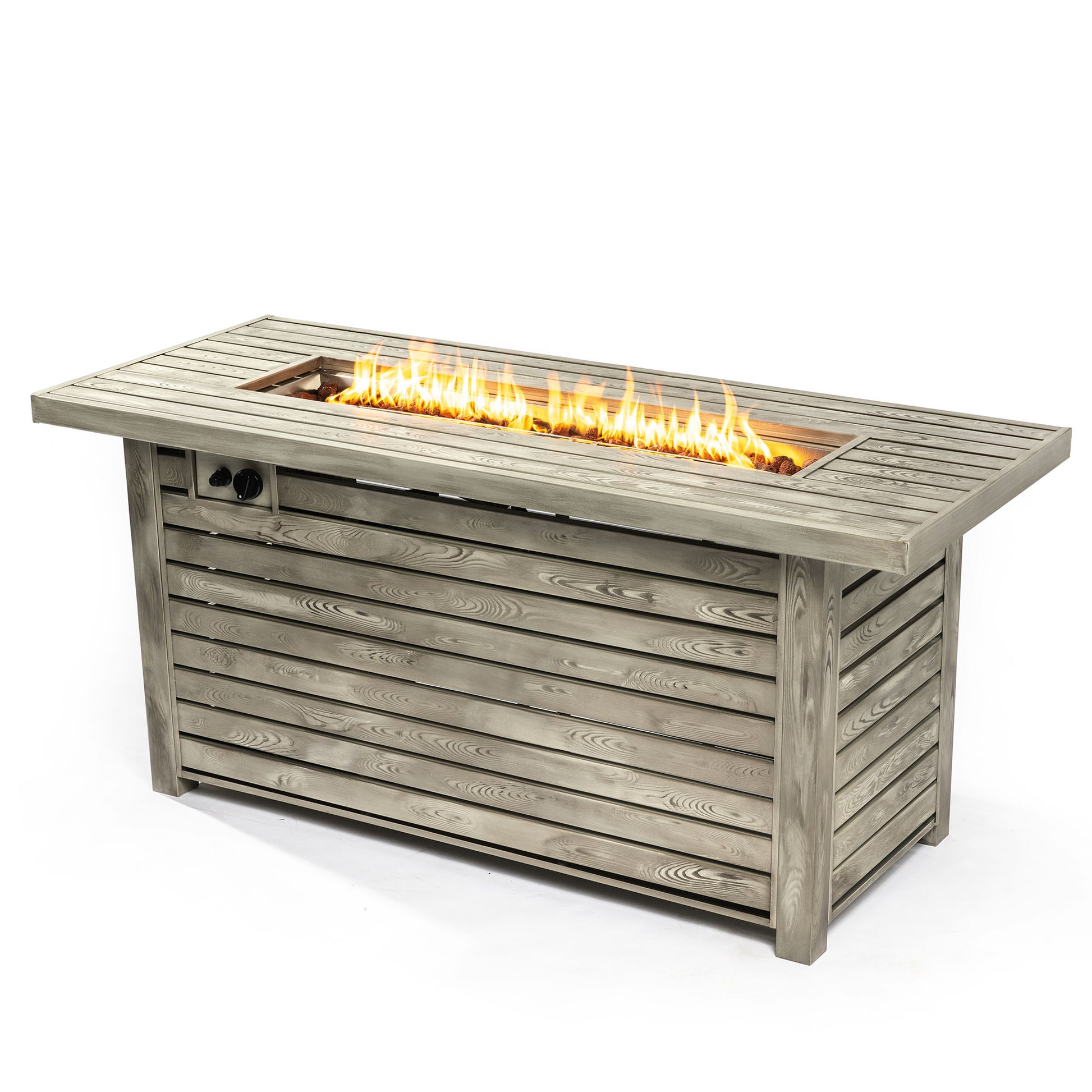 54Inch Outdoor Fire Table Steel Fire Pit Table With Wood Grain Surface Light Beige Steel