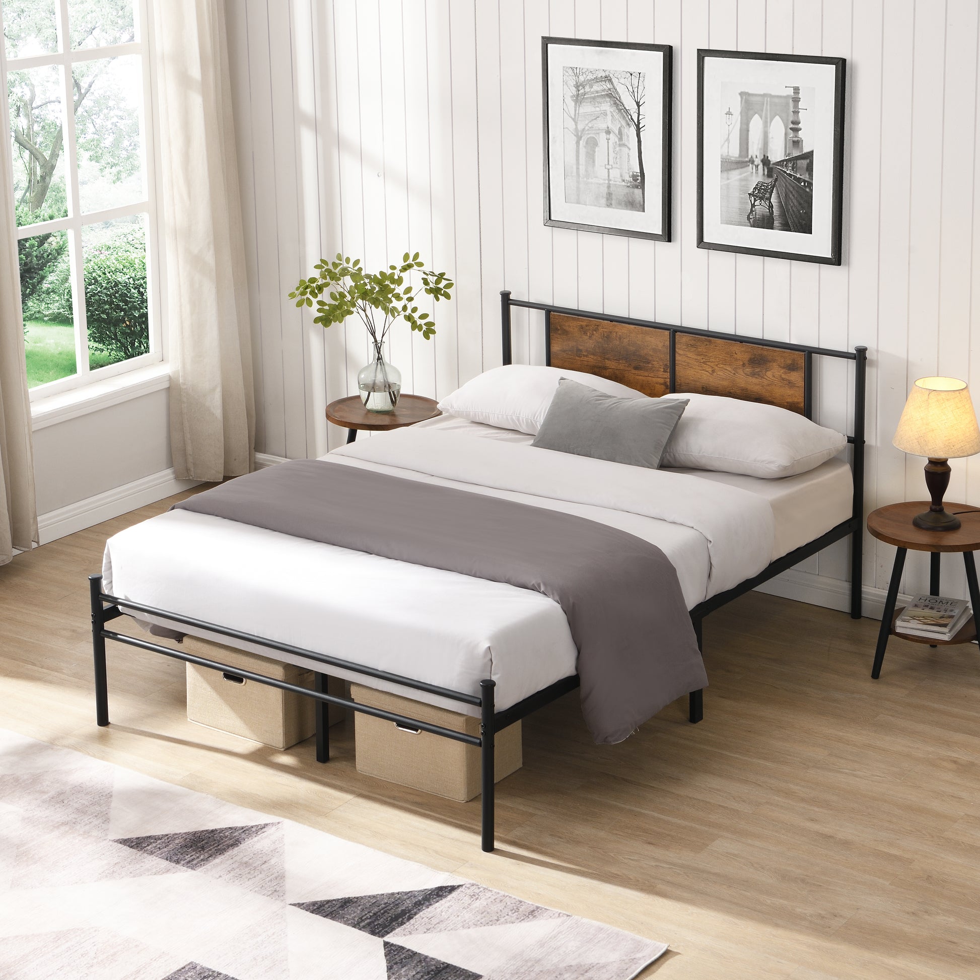 King Size Metal Bedframe,Headboard With Wood Panel Decoration,Black Black Brown Metal