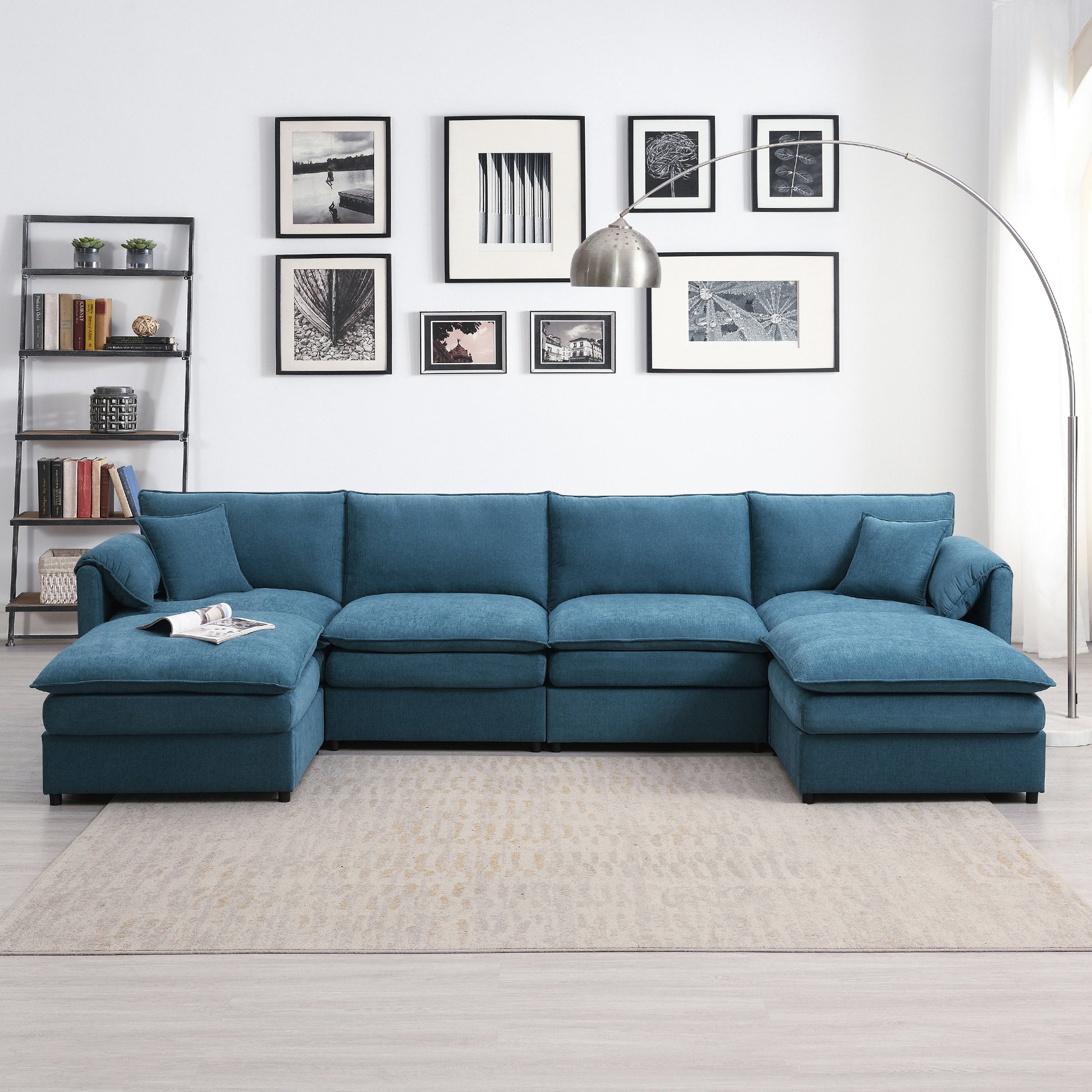 134*66" Chenille Modular Sectional Sofa,U Shaped Cloud Couch Set With Double Cushions ,6 Seat Sleeper Sofa Bed With Ottomans,Oversized Indoor Furniture For Living Room, 3 Colors Blue Chenille 6 Seat