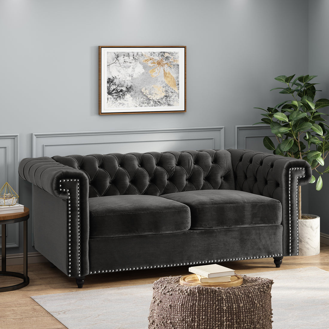 Seat Sofa Black Wood Primary Living Space Tufted Back American Traditional Rolled Arms Foam Velvet