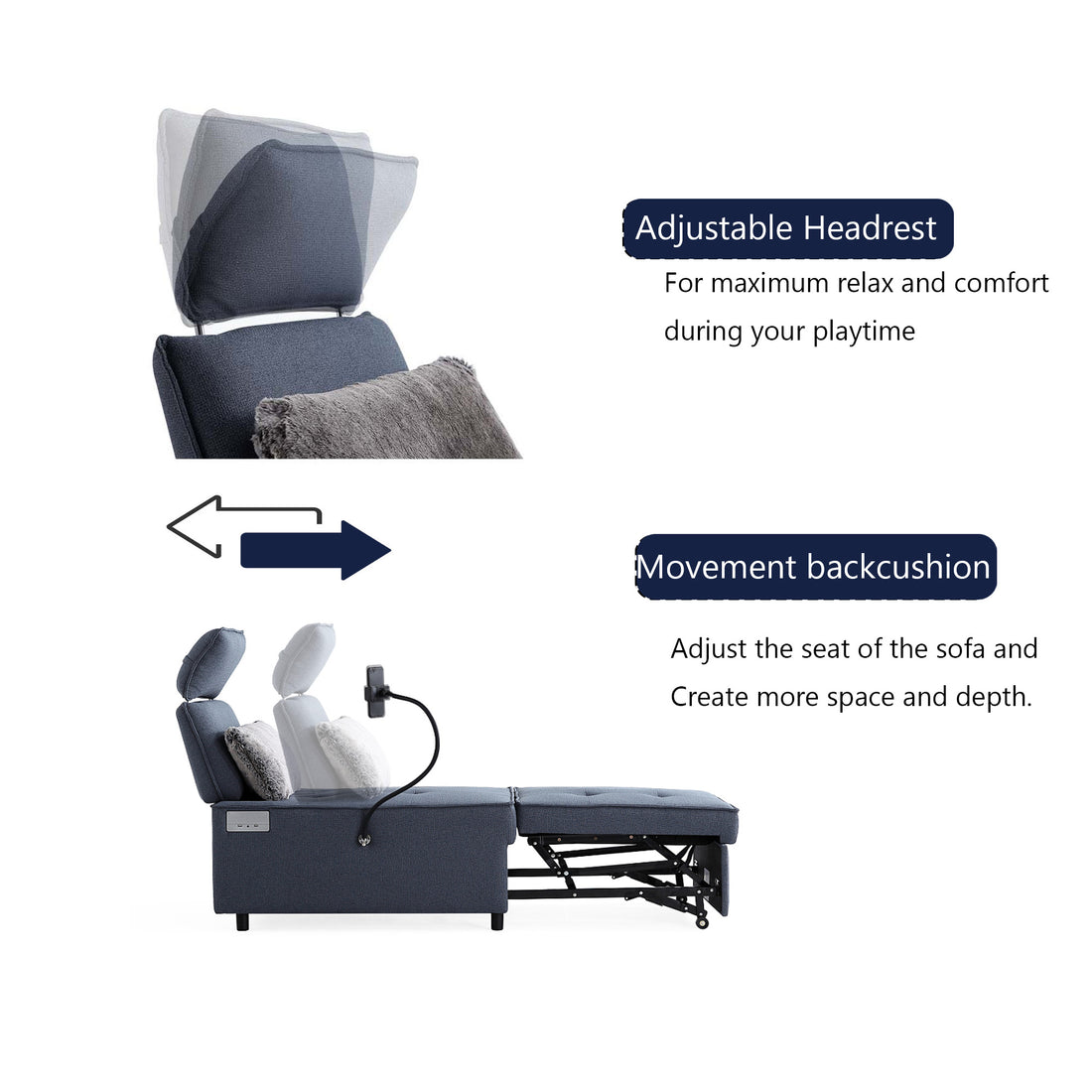 3 In 1 Sofa Bed,Speaker Chair, Reclining Sleeper Sofa Bed,Futon With Bluetooth Speaker 2 Usb Port, Phone Holder Accent Chair, Functional Backcushion And Headrest, Waterproof Fabric,Faux Fur Pillow. Dark Blue Primary Living Space Wood Metal Waterproof