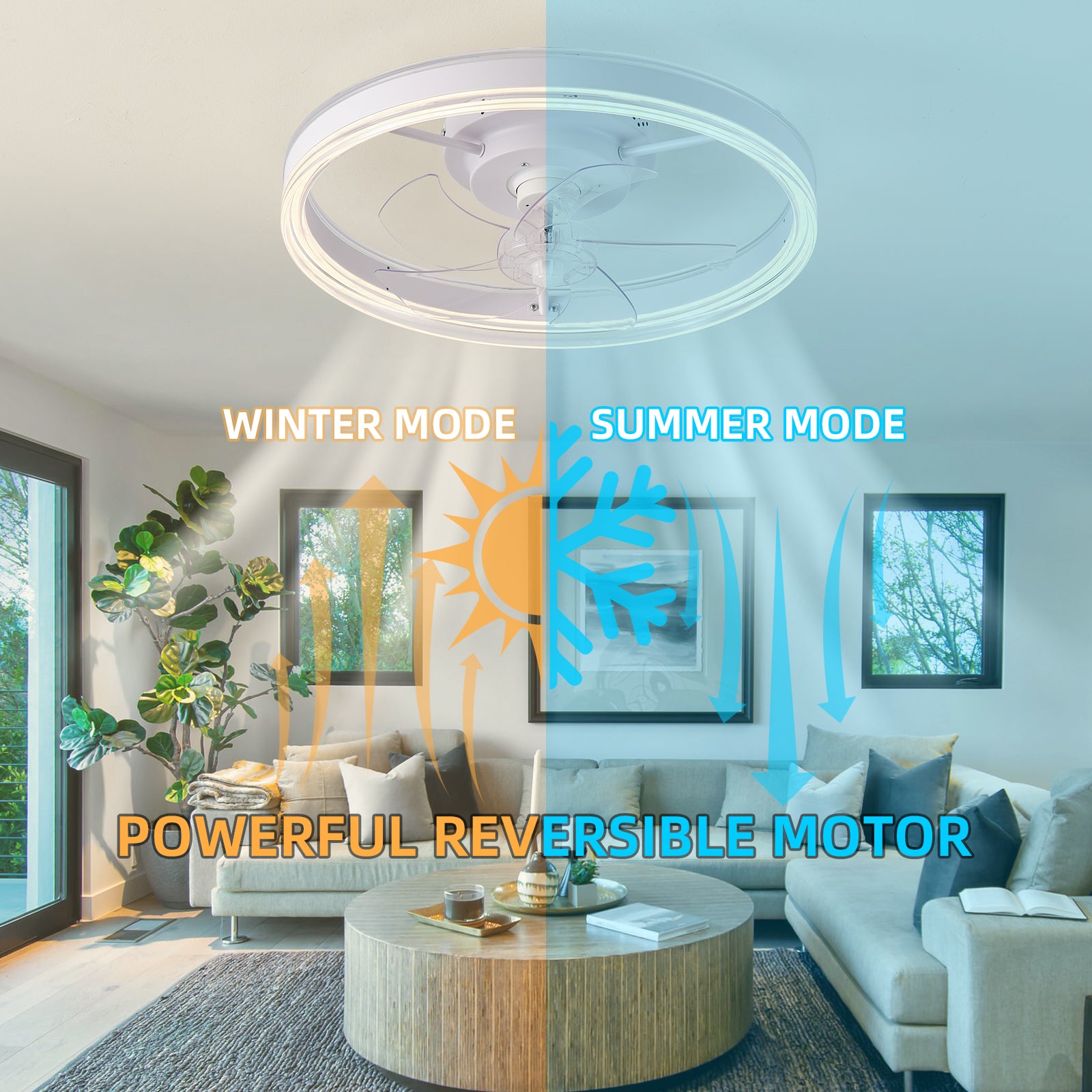 19.7 Inches Fan Light Rgb Color Lights Three Color Temperature 6 Speed Adjustable Wind Power Positive And Negative Rotation White Modern Acrylic