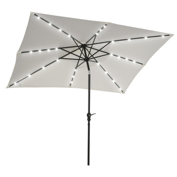 Outsunny 9' X 7' Solar Umbrella, Led Lighted Patio Umbrella For Table Or Base With Tilt & Crank, Outdoor Umbrella For Garden, Deck, Backyard, Pool, Beach, White White Steel