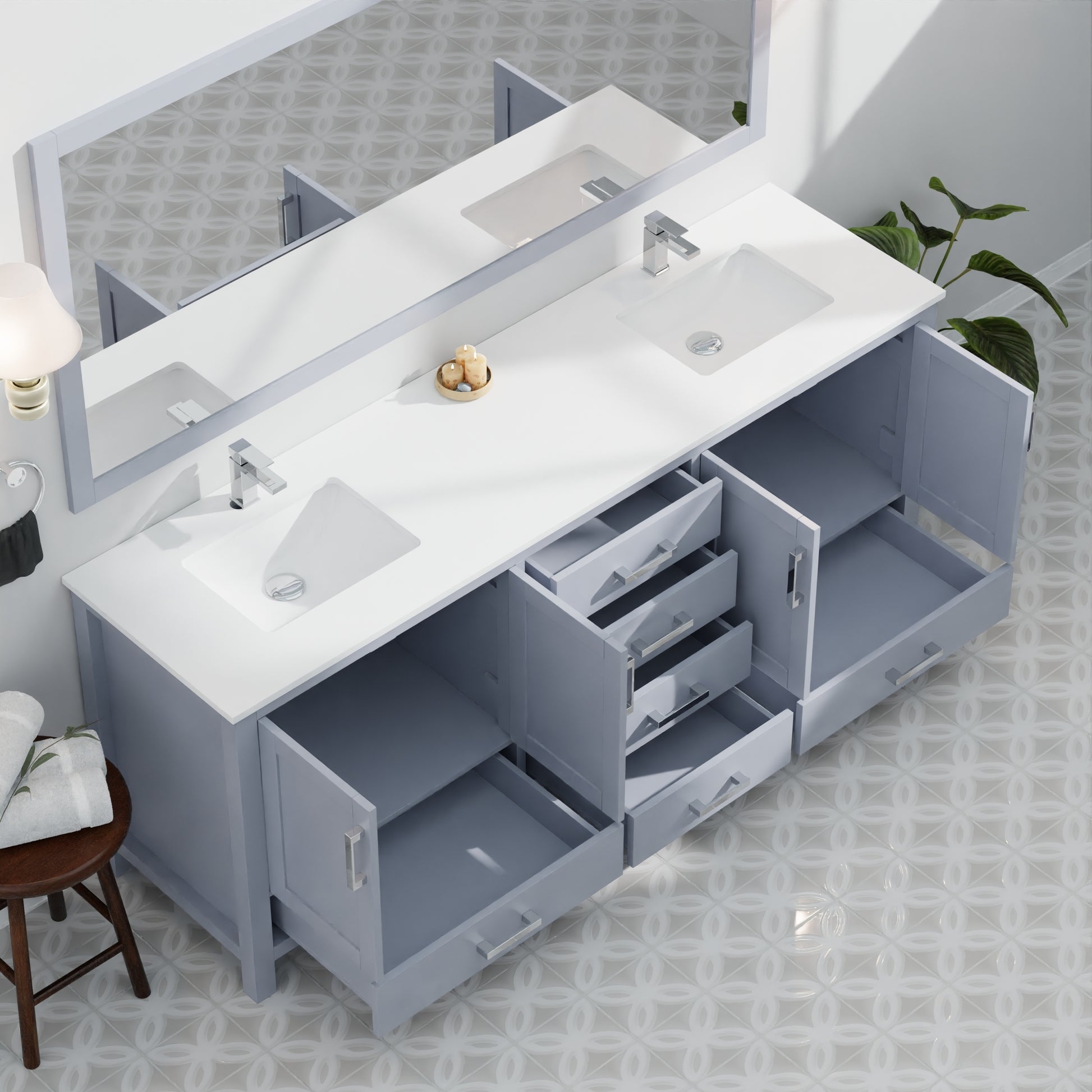 Dark Grey Double Bath Vanity 84 In. W X 22 In. D, With Cultured Marble Top Dark Grey Plywood Wood