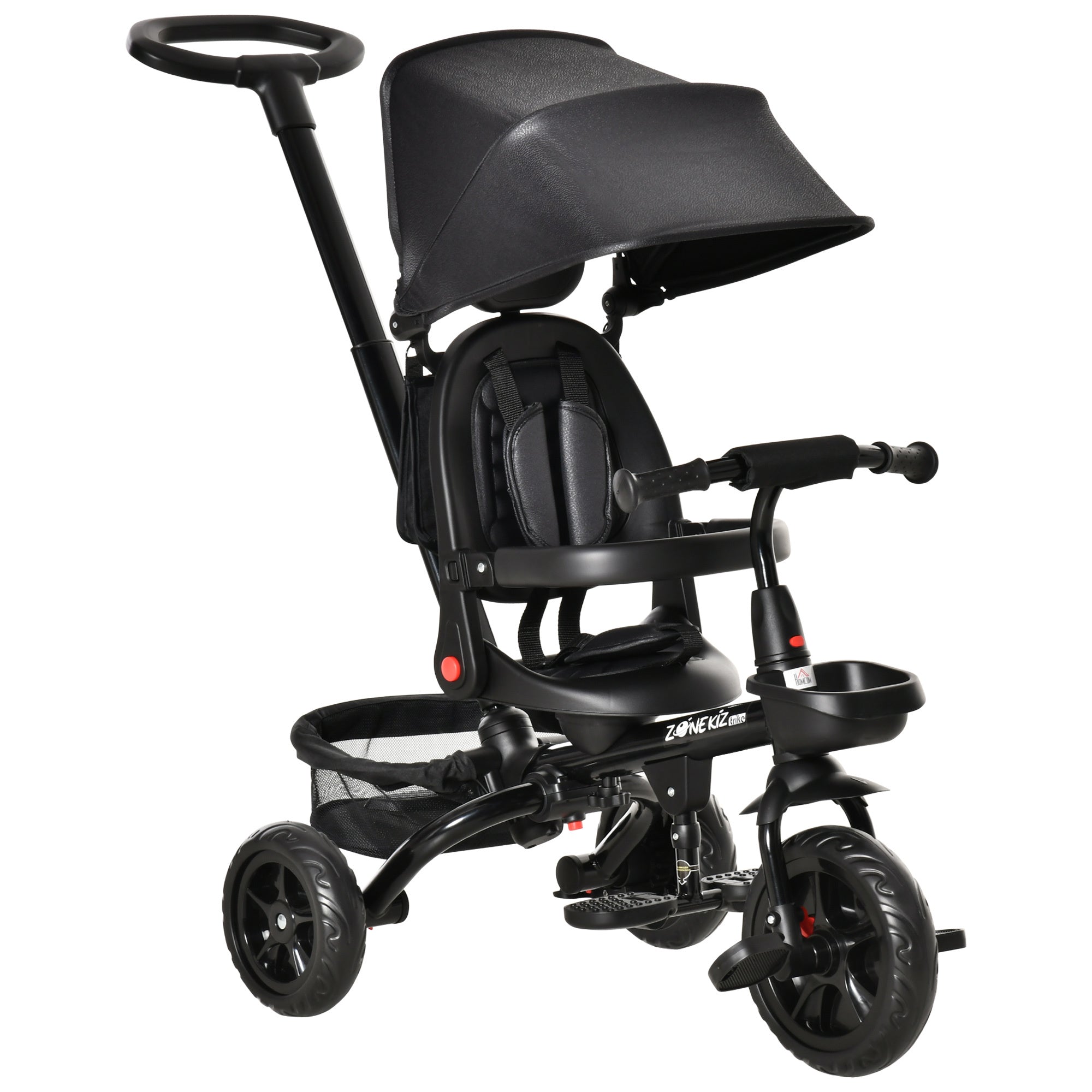 Qaba Kids Tricycle 4 In 1 Trike With Reversible Seat, 2.8' 3.1' Height Push Handle, Canopy, Handrail, Safety Belt, Storage Footrest Brake Clutch, For 1 5 Years Old, Black Black Plastic