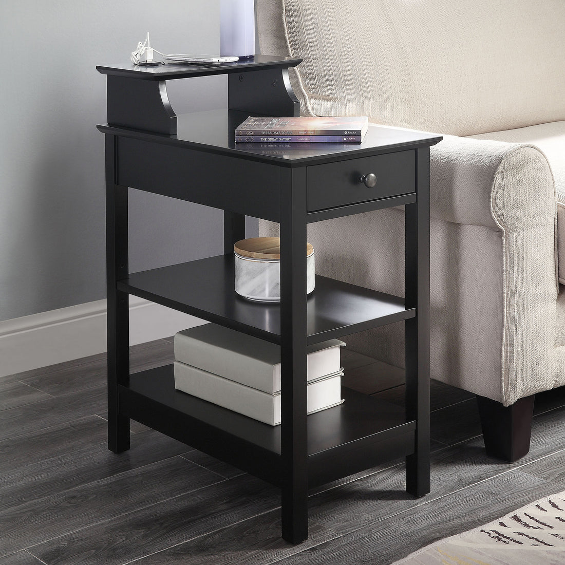 Black Storage Accent Table With Usb Black Primary Living Space Pine Drawers Rectangular Wood