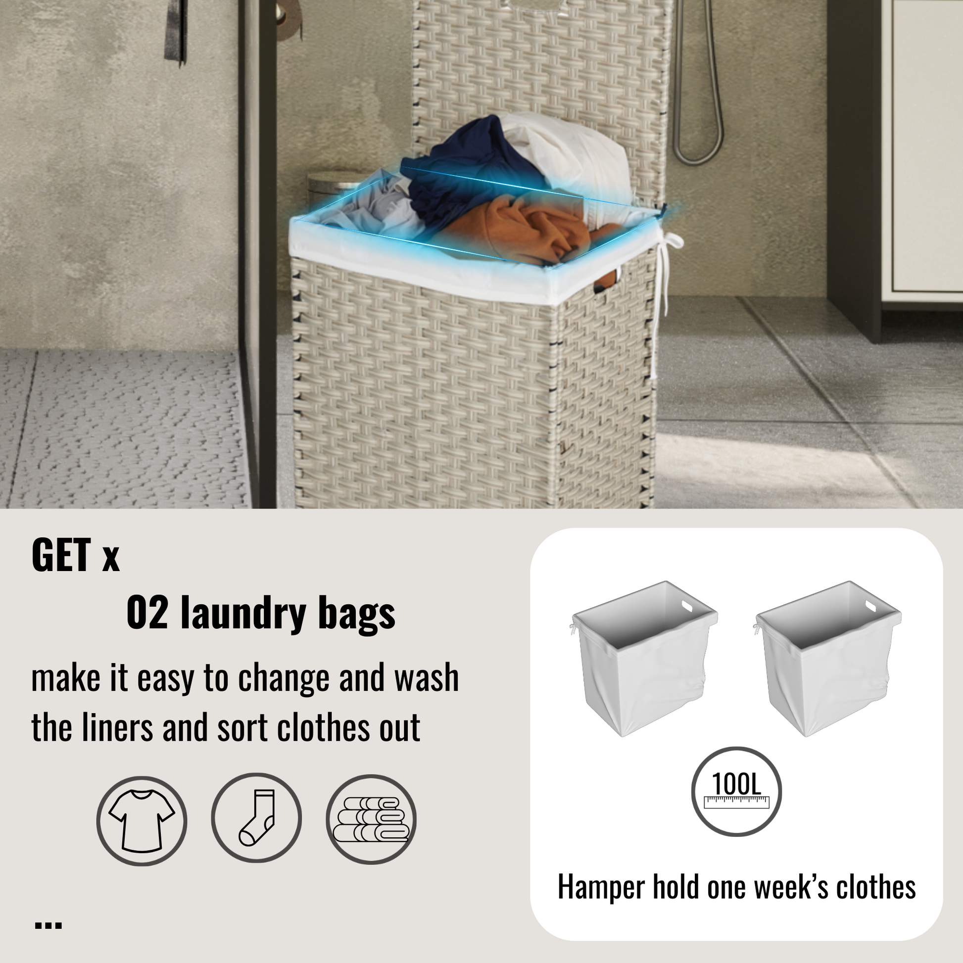 Laundry Hamper With Lid Pe Rattan Powder Coating Frame Clothes Hampers With 02 Removable Bags, 100L, Grey Color Light Grey 1 Foldable American Design,American Traditional Wicker