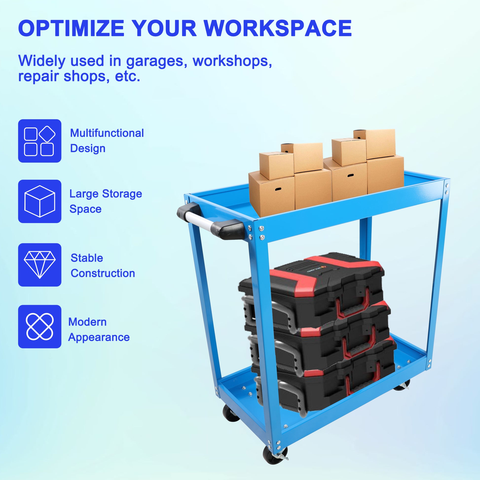 Tool Cart On Wheels, Heavy Duty Steel Utility Cart W Lockable Wheels, 400 Lbs Capacity Industrial Service Cart For Garage, Warehouse, Workshop Two Layer Bright Blue Blue Abs Steel Q235