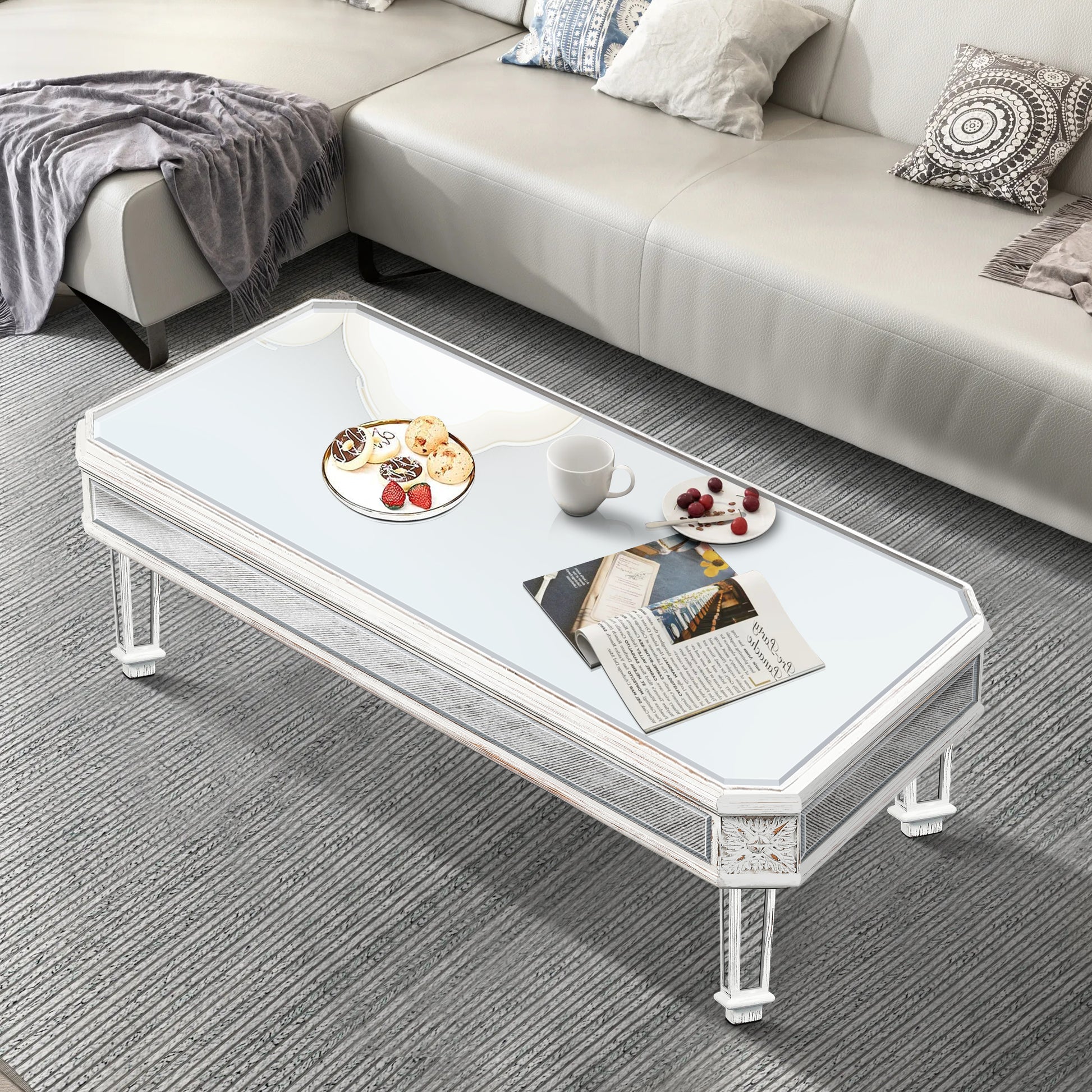 Silver Mirrored Coffee Table, Vintage Carved Elements, Rectangle Glass Tea Table With Mirrored Finish, Modern Center Table For Living Room And Office 24" D X 48" W X 18" H Oak Silver White Mirrored