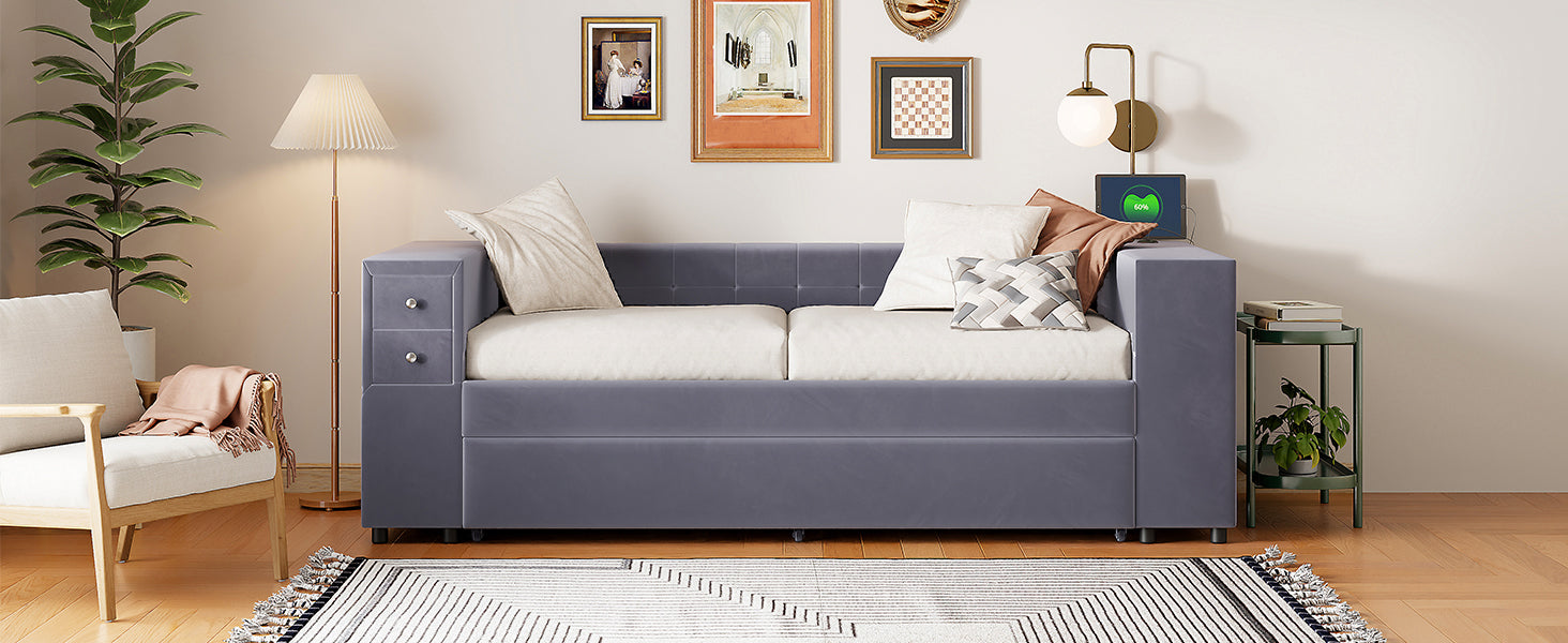 Twin Upholstered Bed With Storage And Twin Trundle, Usb Charging Ports, French Velvet, Gray Twin Gray Velvet