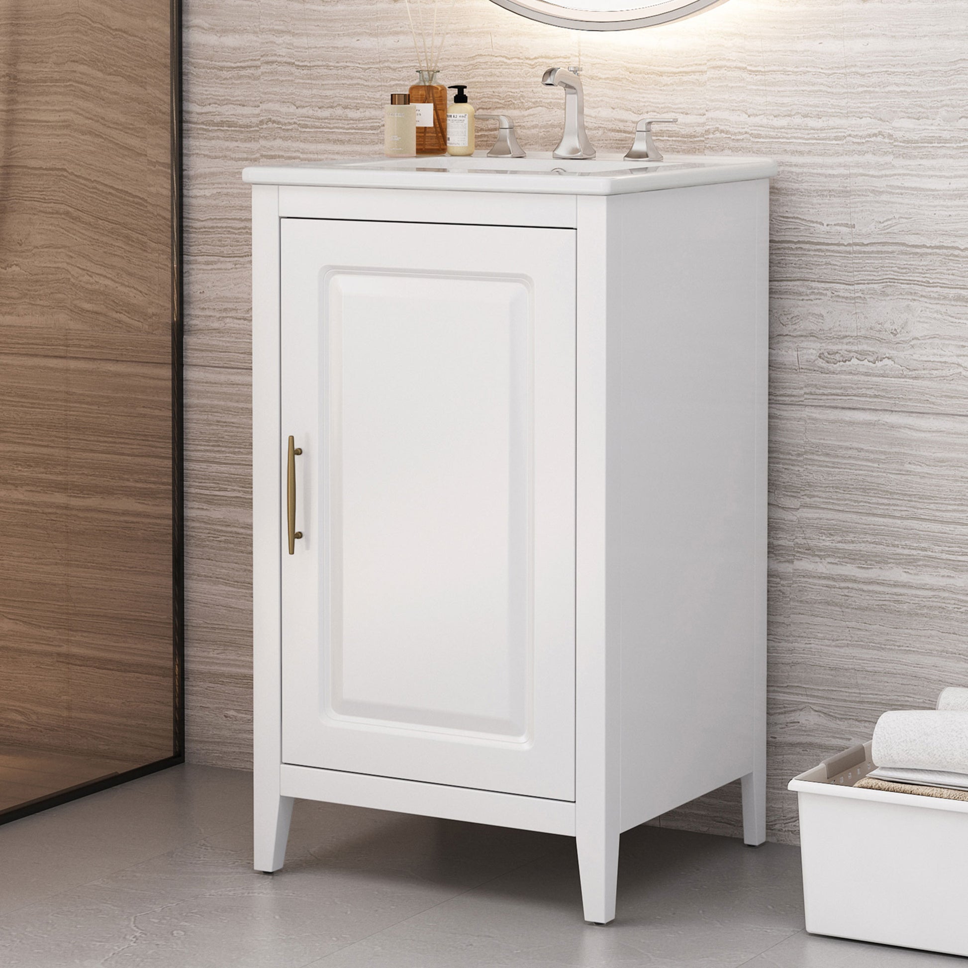 20.3" Bathroom Vanity With Sink, Functional Drawer, Door Shelf, Soft Closing Door, White White Acacia Wood,Ceramic Mdf