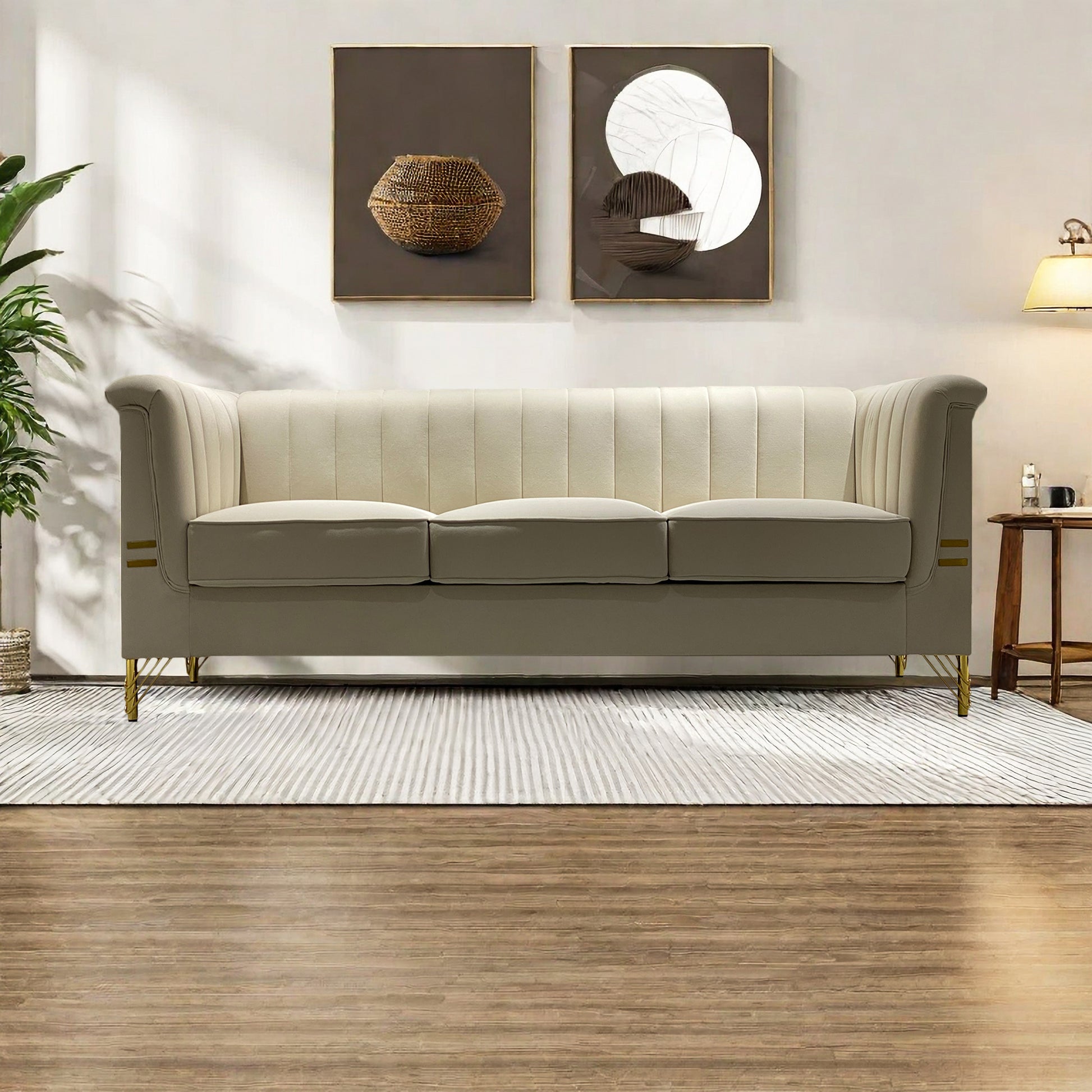 Fx P82 Be Sofa Modern Chenille Sofa, 82.67" Upholstered Couch With Bolster Armrest, 3 Seat Sofa For Living Room, Bedroom, Office, Apartment, Dorm, Beige Beige Velvet 3 Seat