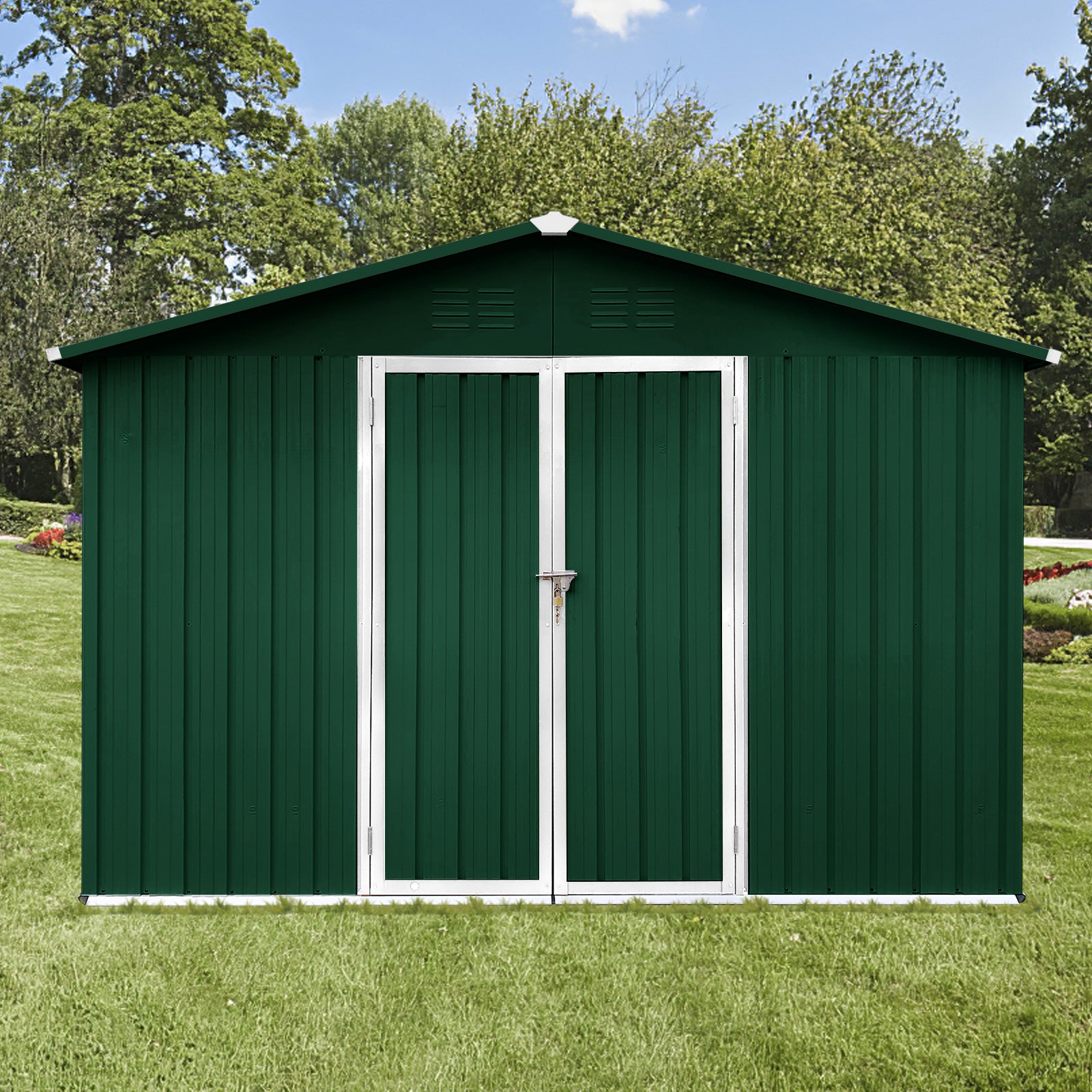 Metal Garden Sheds 10Ftx12Ft Outdoor White Green White Green Metal