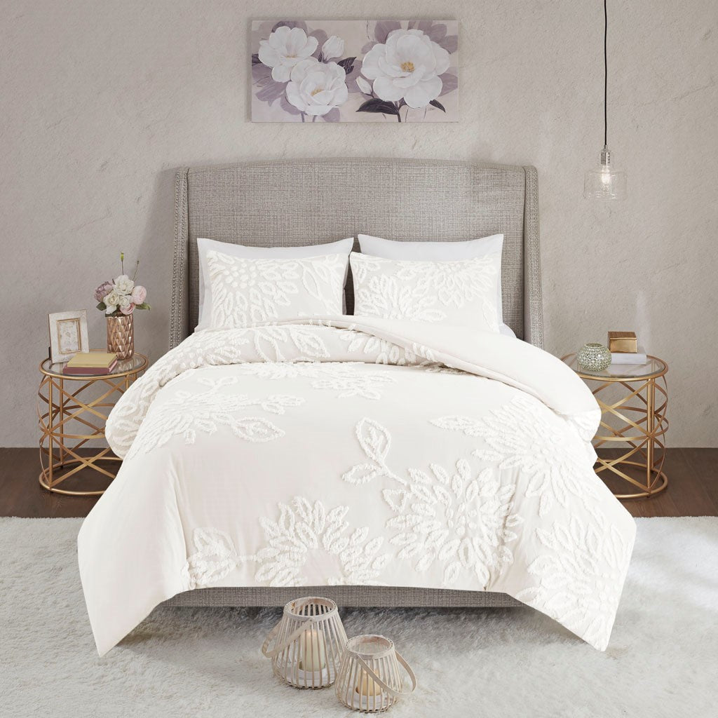 3 Piece Tufted Cotton Chenille Floral Duvet Cover Set King Off White Cotton