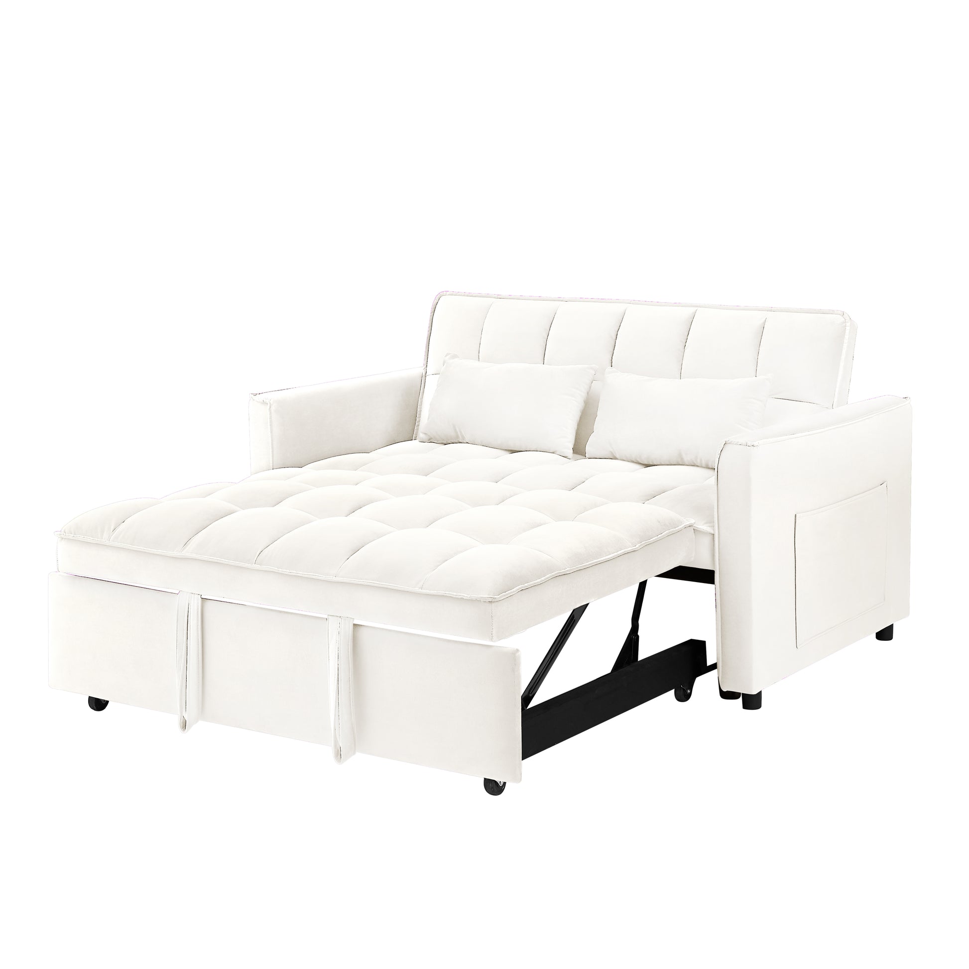 55.1 Inch 3 In 1 Convertible Sofa Bed, Modern Velvet Double Sofa Futon Sofa Bed With Adjustable Back, Storage Bag And Pillow, For Living Room, Bedroom Off White Light Brown Wood Primary Living Space Medium Duty Eucalyptus 2 Seat Beige White Velvet Soft
