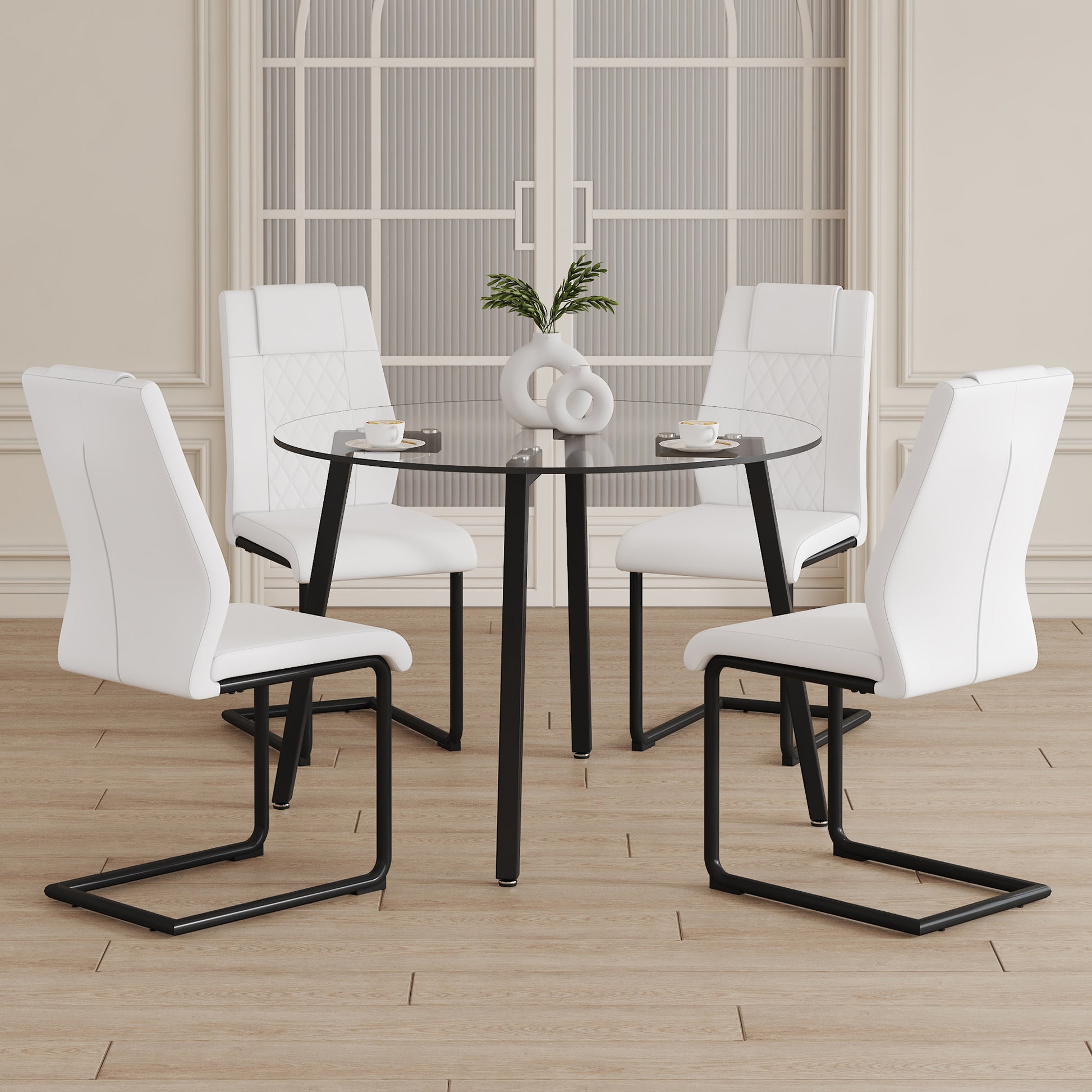 Table And Chair Set.A Modern Minimalist Style Round Clear Tempered Glass Table With Black Metal Legs.Paried With 4 Chairs With Modern Pu Leather High Back Upholstered And C Tube Black Metal Legs. White Black Seats 4 Glass Metal