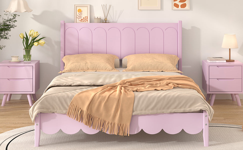 Full Size Wood Platform Bed Frame, Retro Style Bed With Rectangular Headboard,No Need Box Spring,Pink Full Pink Wood