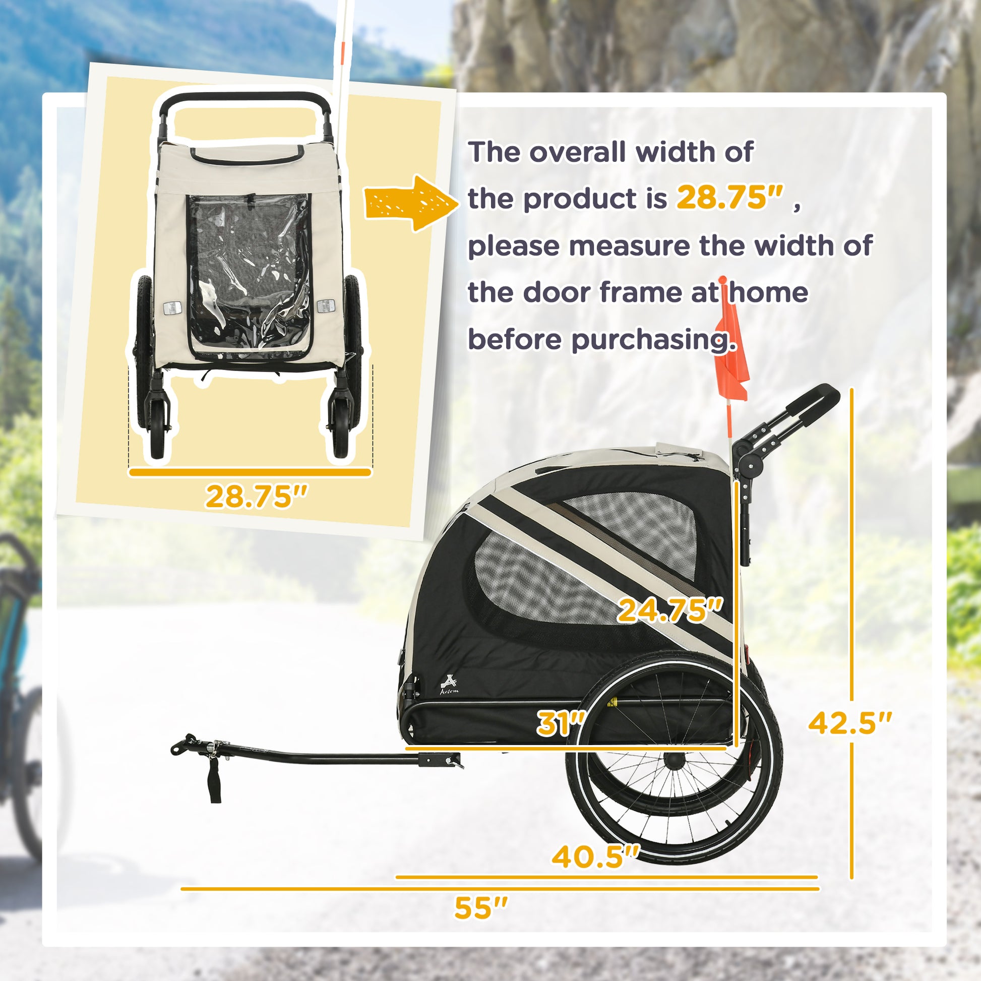 Aosom 2 In 1 Pet Bike Trailer For Small Dogs, Road Visibility Bicycle Stroller, Weather Strong Bike Wagon Trailer Sidecar Attachment, White White Steel