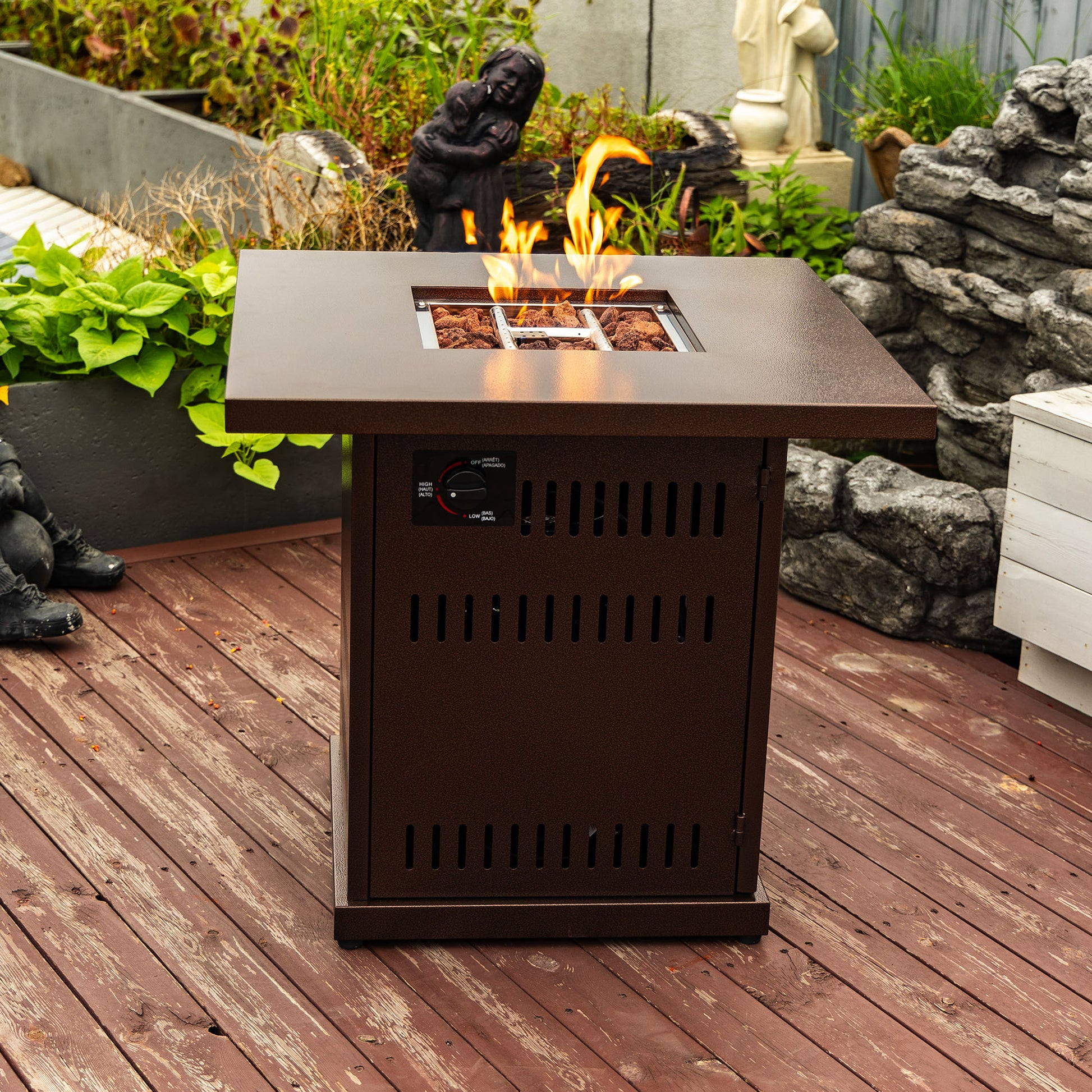 28In Square Fire Pit Table Propane Fire Table With Stainless Steel Lid Brown Steel