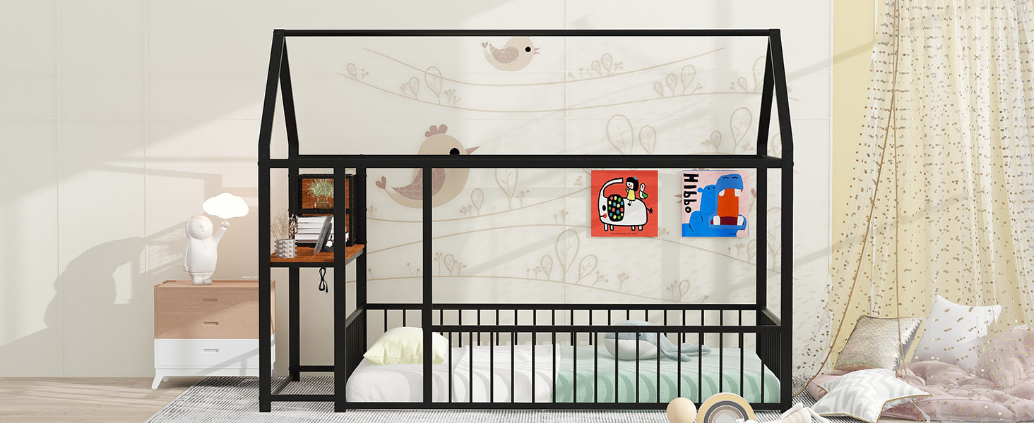 Twin Size Metal Bed House Bed Frame With Desk, Shelves, Power Outlets And Usb Ports, Black Twin Black Metal