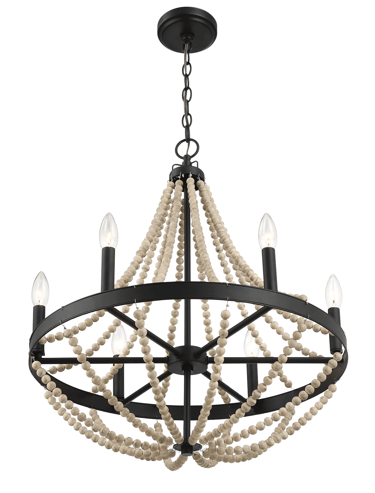 Starry Wood Chandelier Farmhouse Six Candle Light Wood Beaded Black Pendant Light For Dining Room Black,Clear,Wood Glass,Metal,Wood