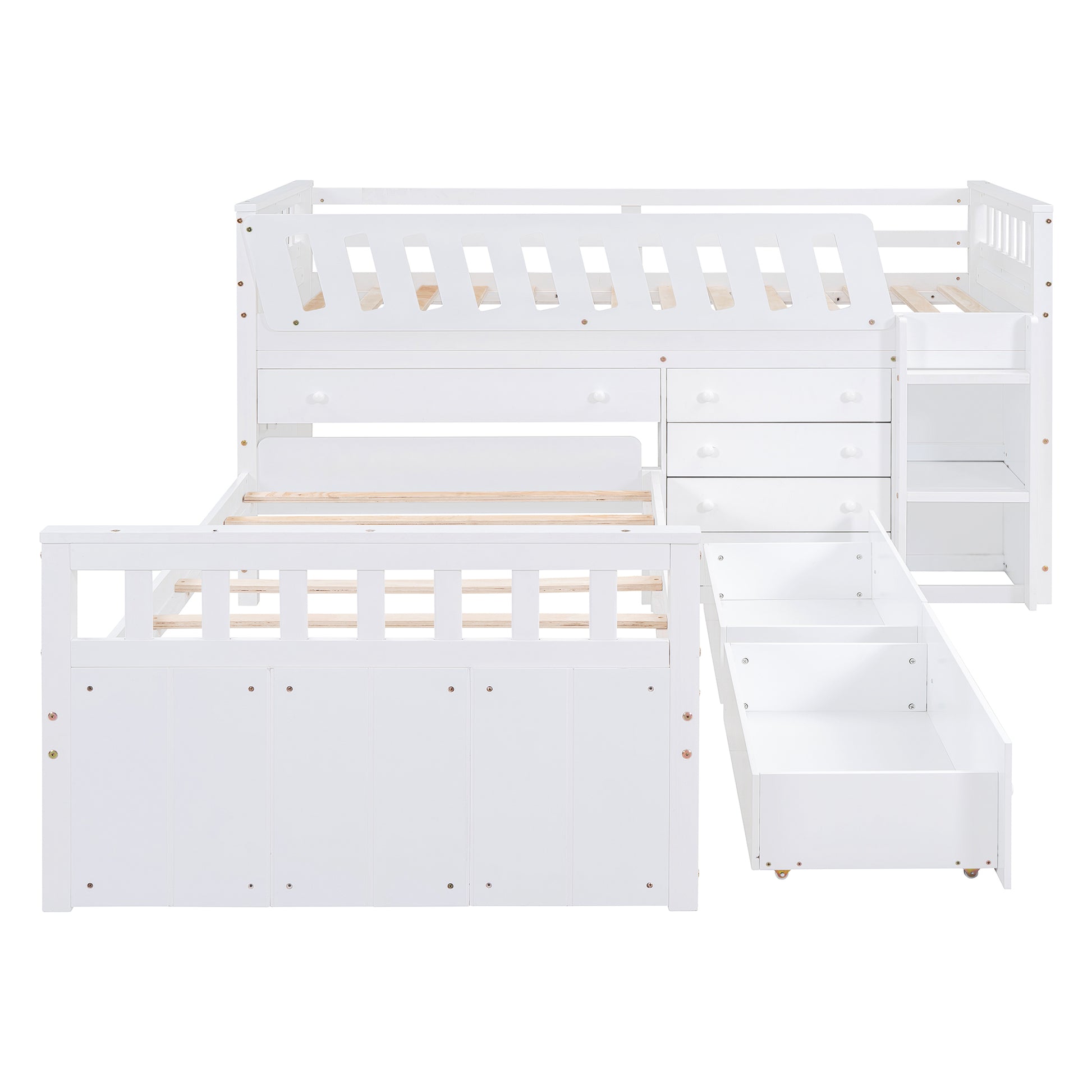 L Shaped Space Saving Twin Loft And Twin Platform Bed With 7 Drawers And Full Guardrails White Twin White Solid Wood