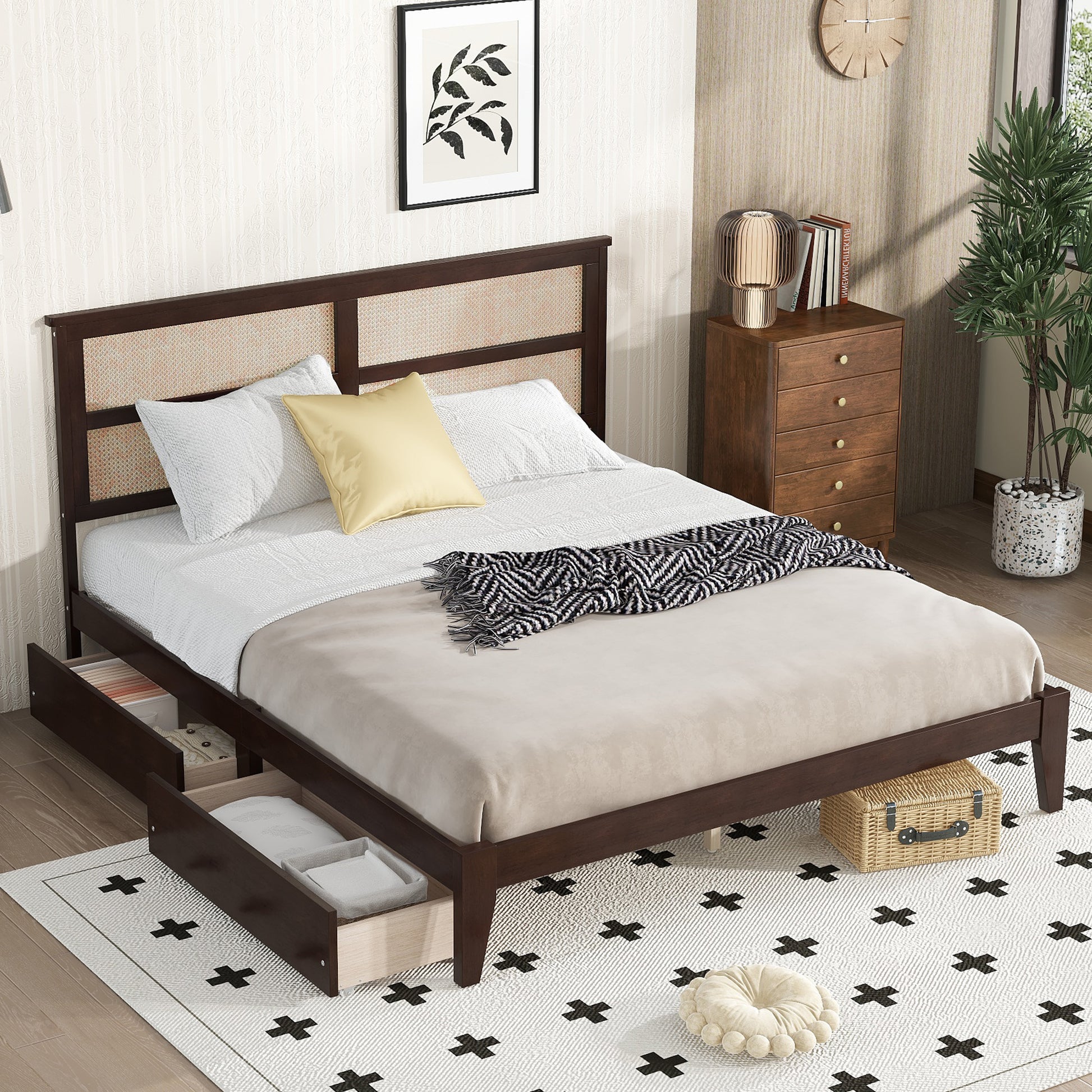 King Size Bed With Rattan Headboard, Two Storage Drawers, Rubber Wood Bed With Enhanced Support Salts And Feet,Espresso King Espresso Rubber Wood
