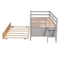 Low Loft Bed Twin Size With Full Safety Fence, Climbing Ladder, Storage Drawers And Trundle Gray Solid Wood Bed Gray Solid Wood