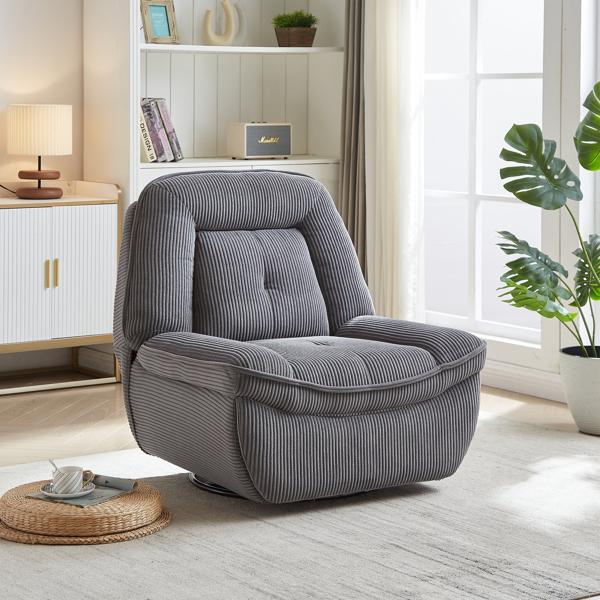 Video 360 Degree Corduroy Swivel Upholstered Manual Recliner Chair,Theater Recliner Sofa,Nursery Glider Rocker For Living Room Grey Corduroy