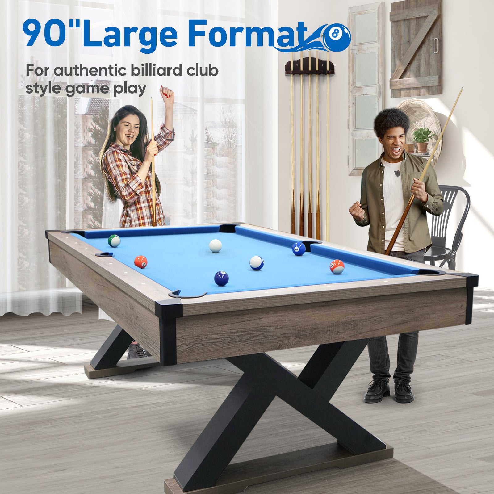 84"Billiard Table With Rustic Blond Finishk Shaped Legs And Royal Blue Cloth Indoor Fitness Blue Brown Gym Gym Mdf