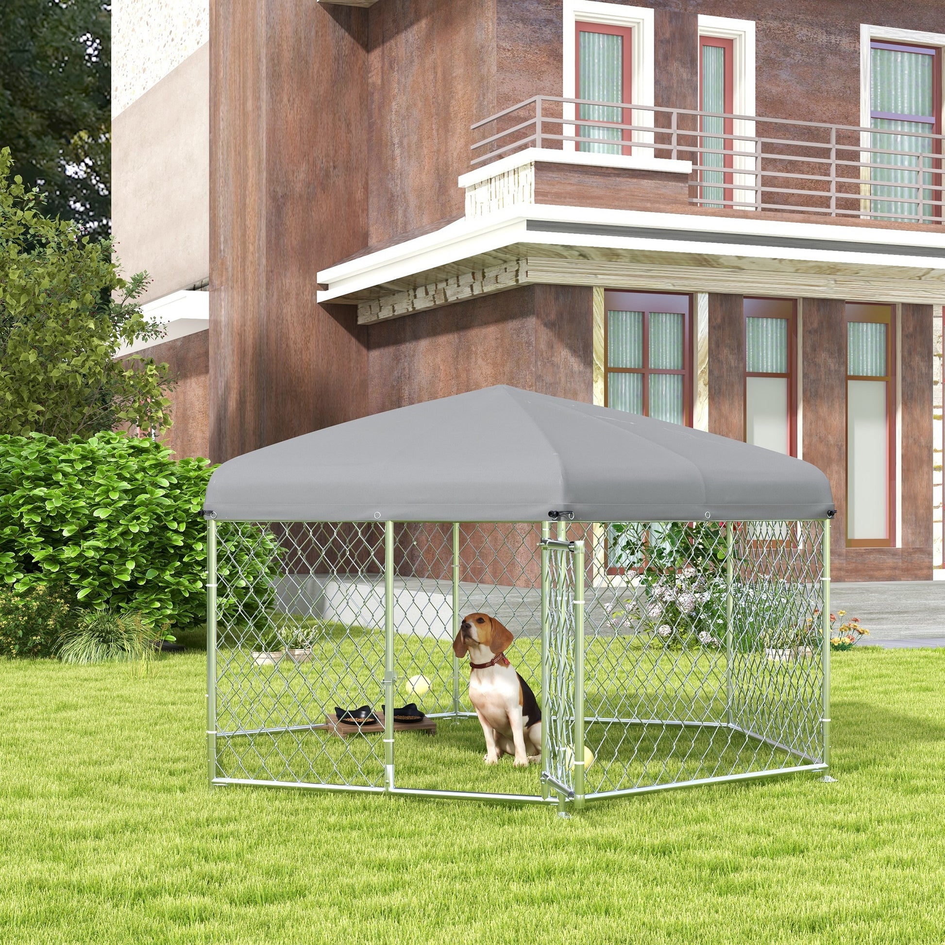 Pawhut 6.9' X 6.1' X 4.9' Dog Kennel Outdoor Dog Run With Waterproof, Uv Resistant Roof, Lockable Door, For Medium And Large Sized Dogs, Silver Silver Steel