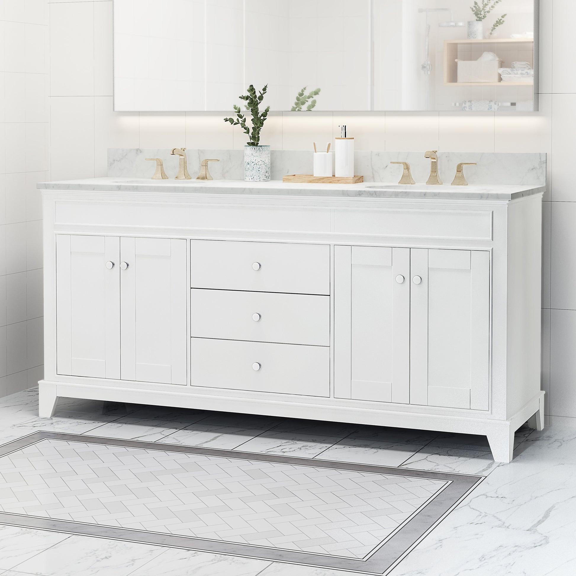 73'' Cararra White Marble Vanity Top&Ceramic Sink White Marble Marble